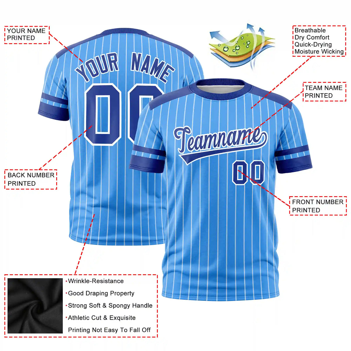 Custom Powder Blue White-Royal Blue Pinstripe Pattern Design Performance T-Shirt