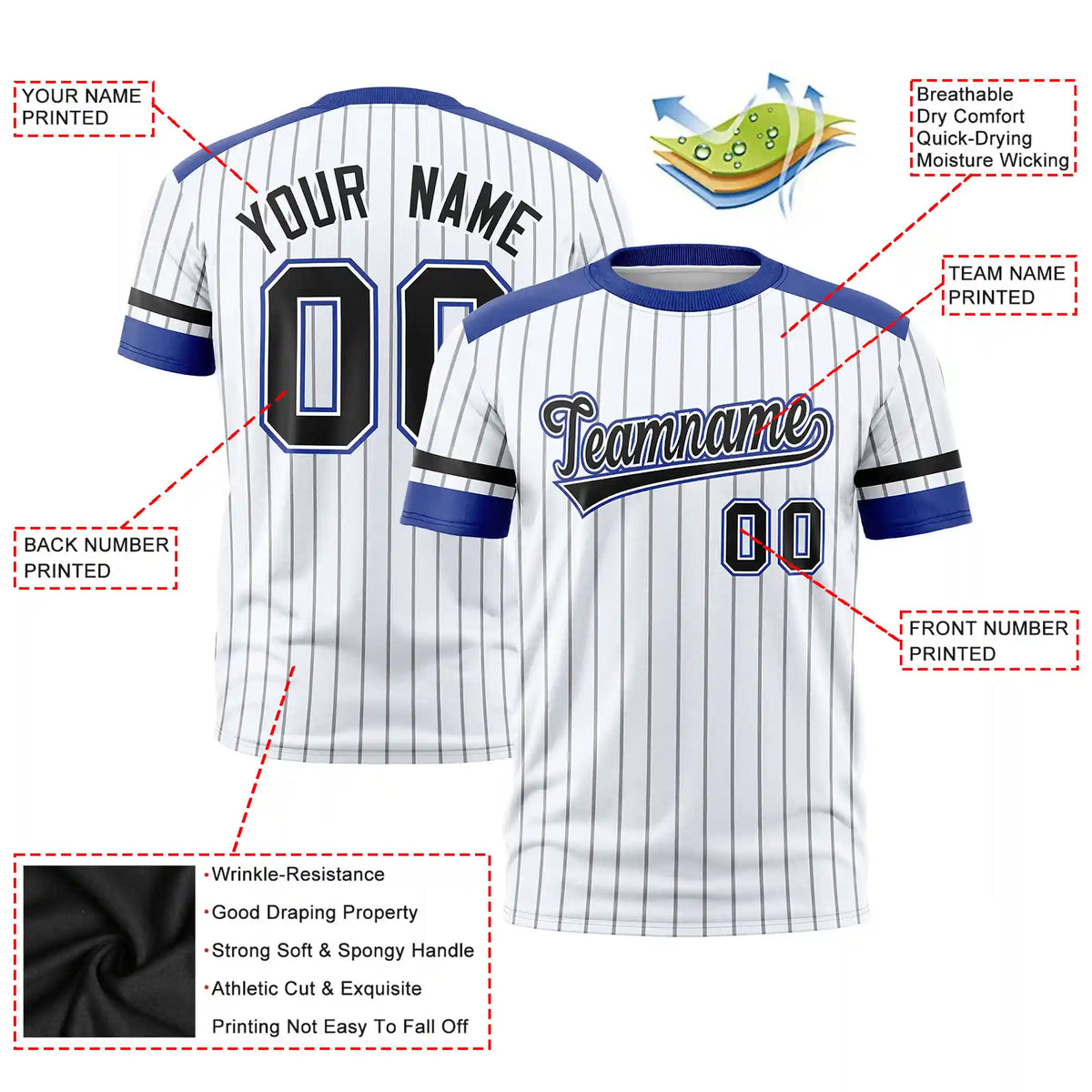 Custom White Black-Royal Blue Pinstripe Pattern Design Performance T-Shirt