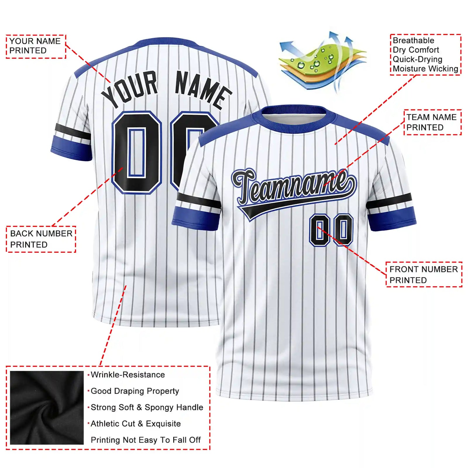 Custom White Black-Royal Blue Pinstripe Pattern Design Performance T-Shirt