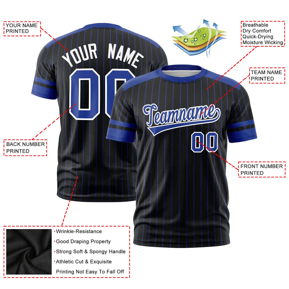 Custom Black Royal Blue-White Pinstripe Pattern Design Performance T-Shirt
