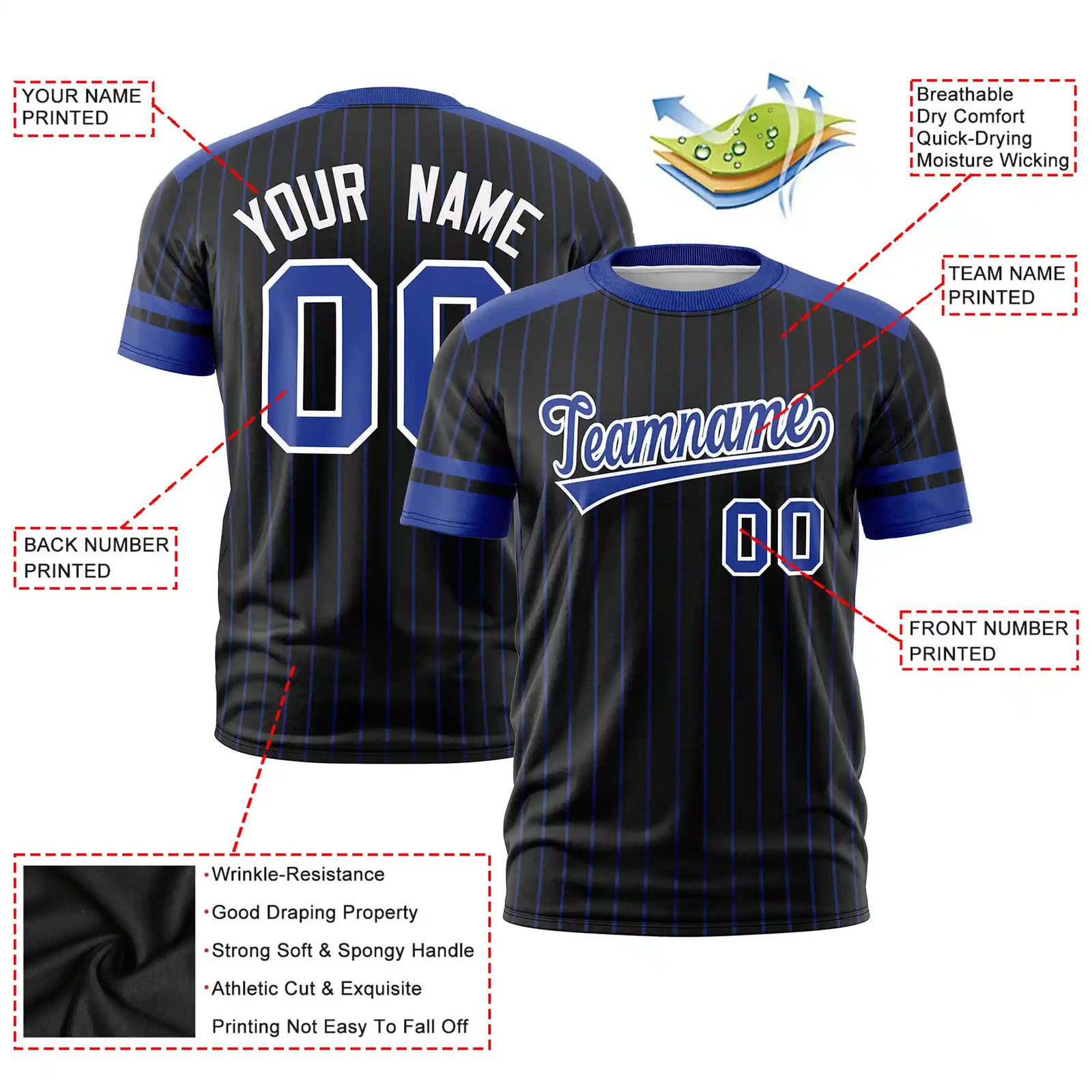 Custom Black Royal Blue-White Pinstripe Pattern Design Performance T-Shirt
