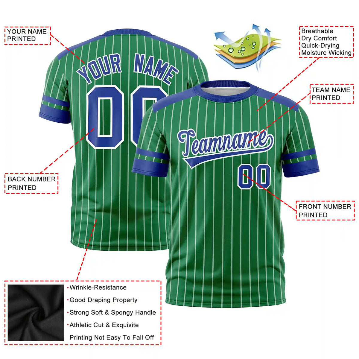 Custom Kelly Green White-Royal Blue Pinstripe Pattern Design Performance T-Shirt