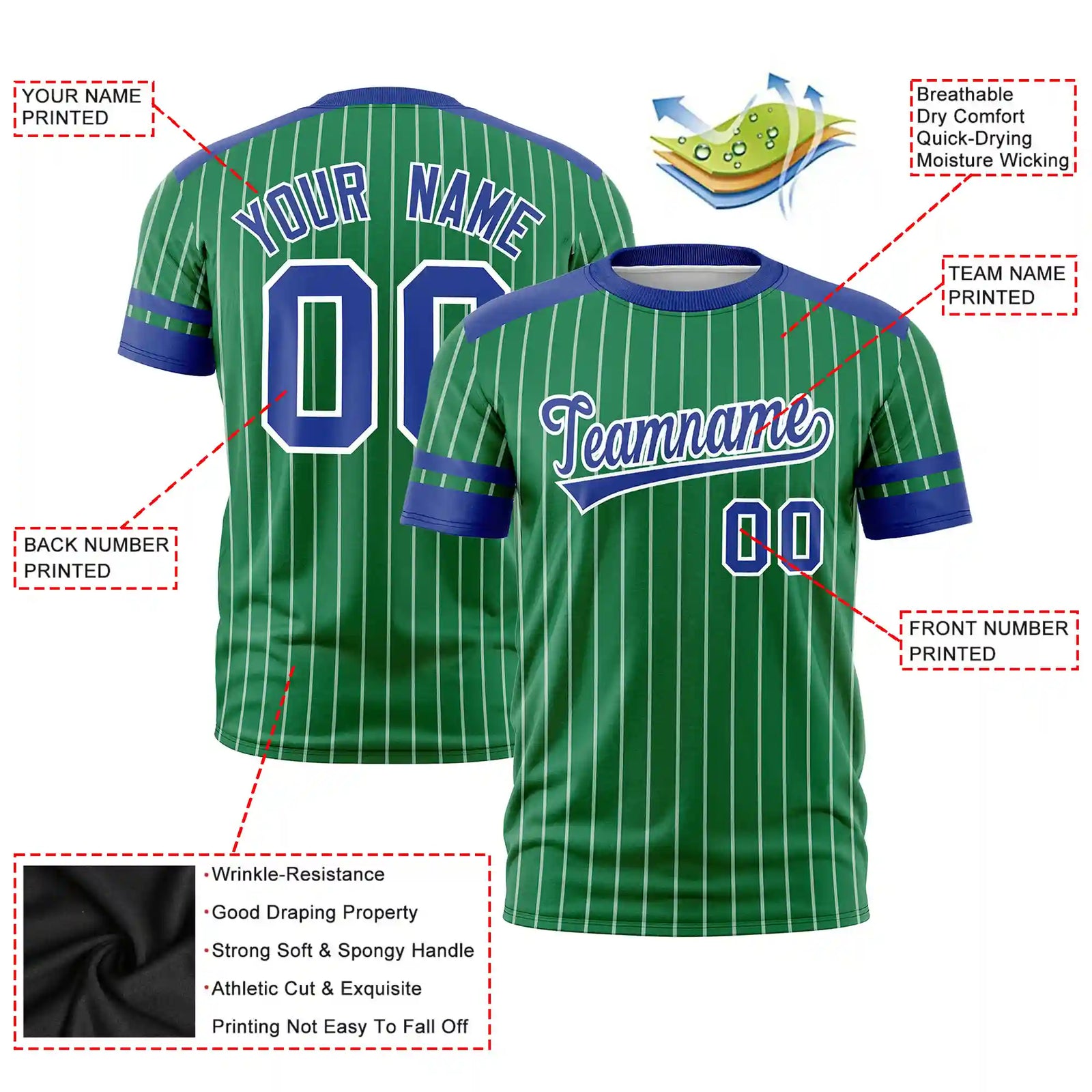 Custom Kelly Green White-Royal Blue Pinstripe Pattern Design Performance T-Shirt