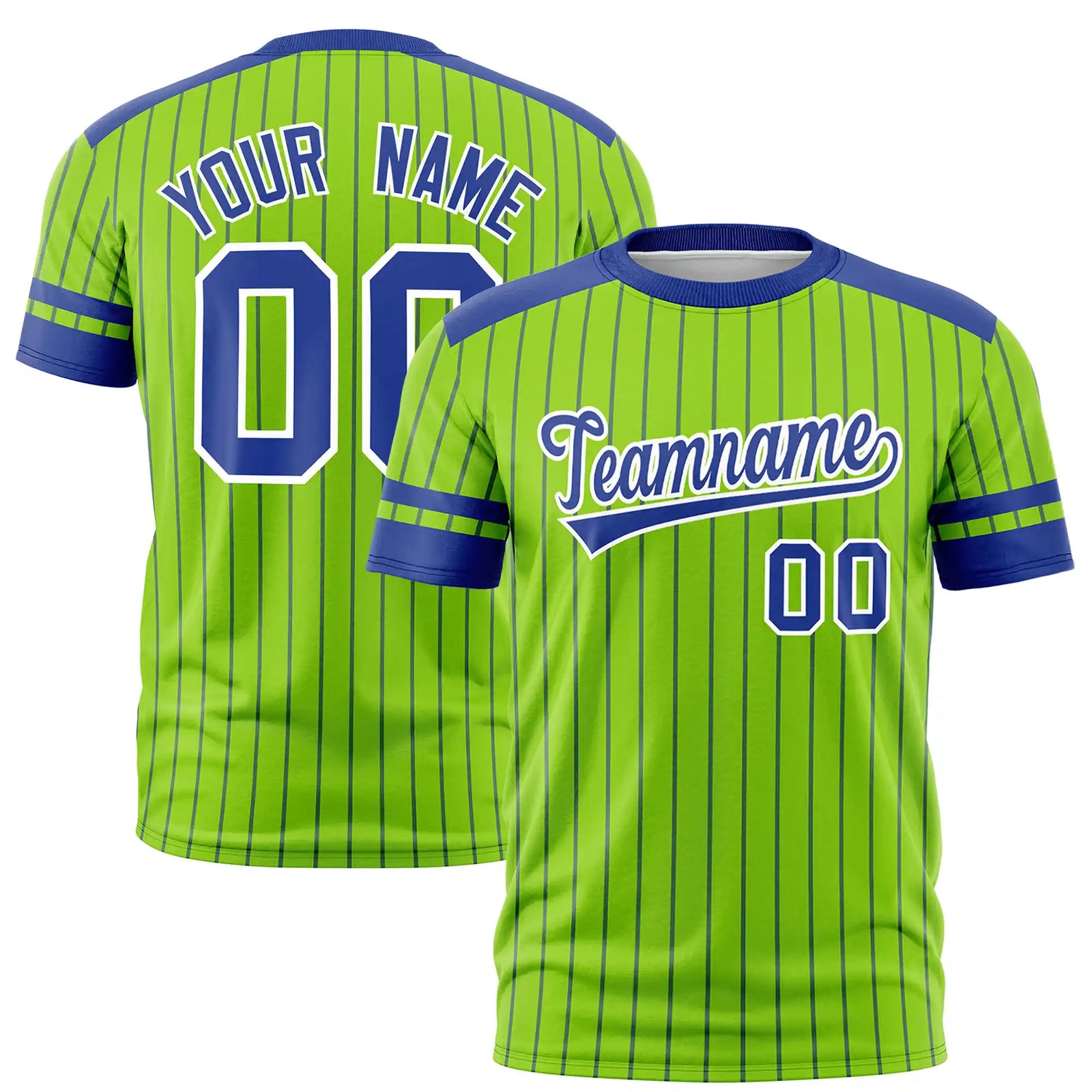Custom Neon Green Royal Blue-White Pinstripe Pattern Design Performance T-Shirt
