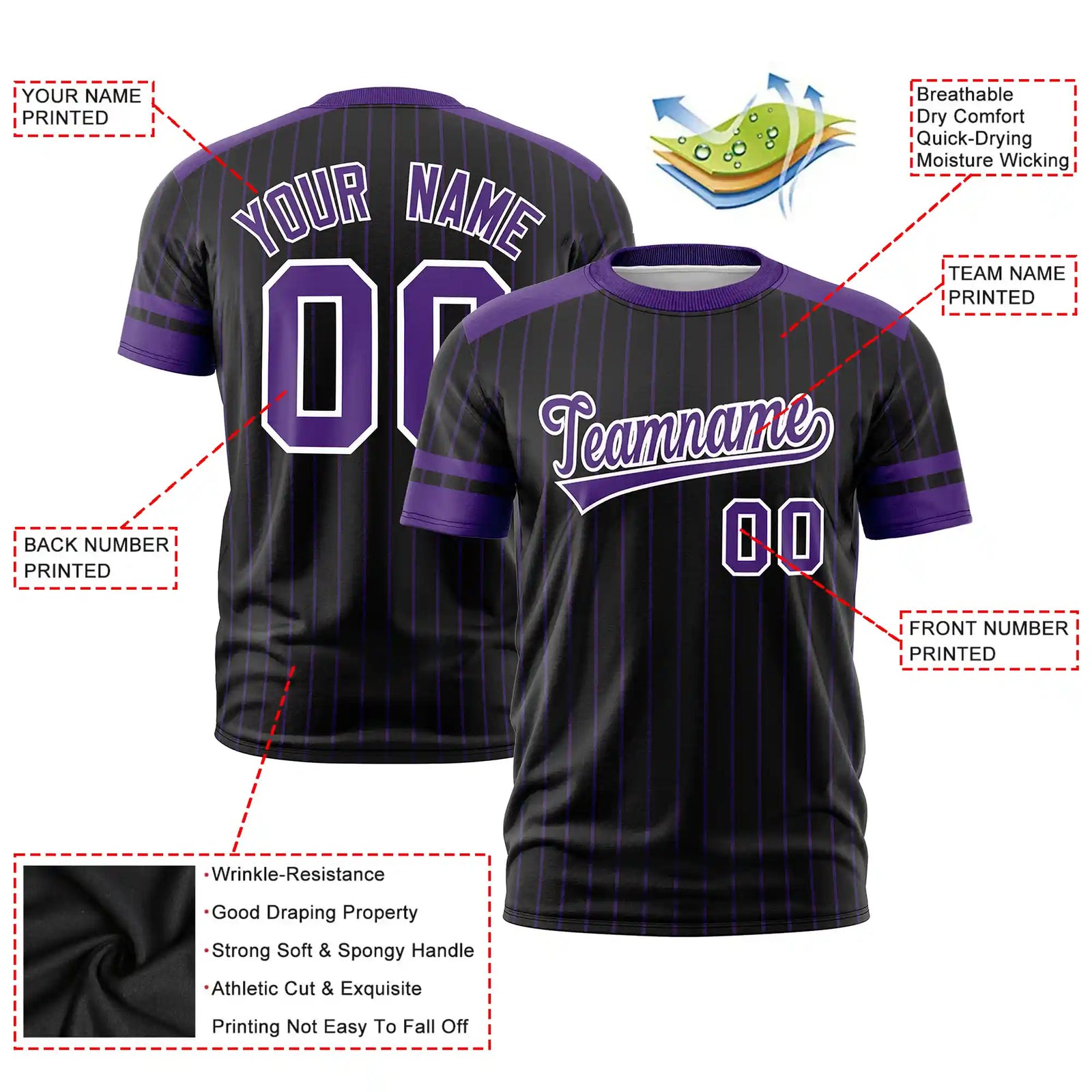 Custom Black Purple-White Pinstripe Pattern Design Performance T-Shirt