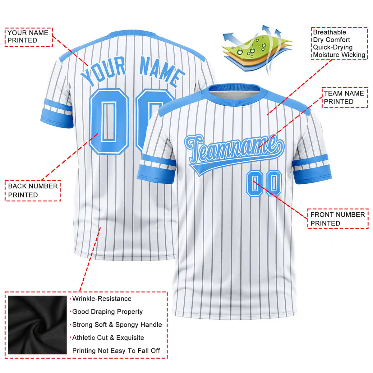 Custom White Gray-Powder Blue Pinstripe Pattern Design Performance T-Shirt