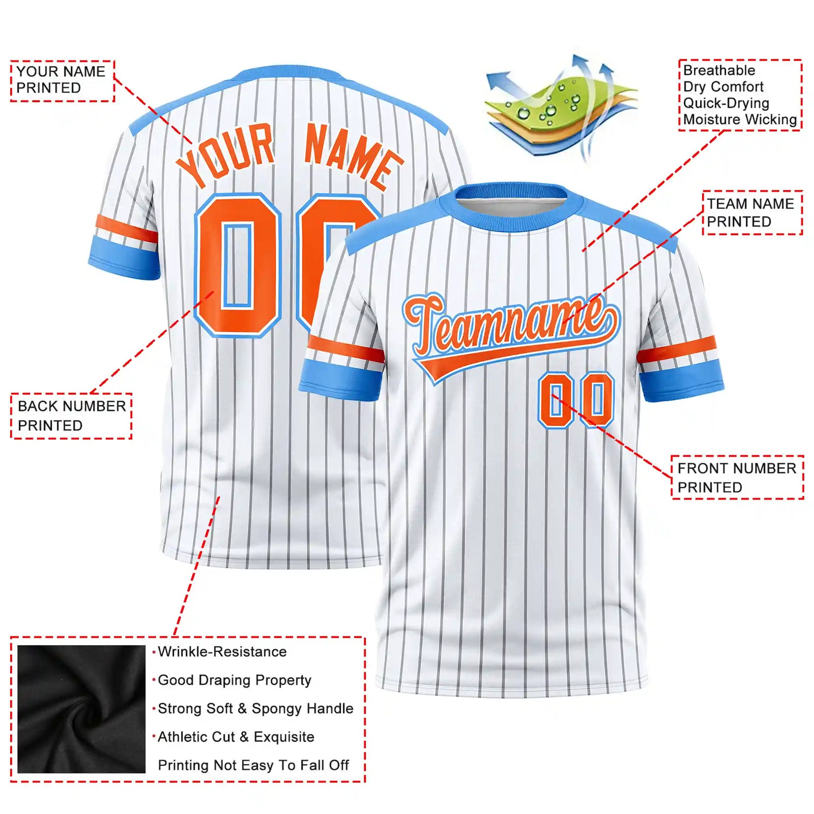 Custom White Gray-Powder Blue Pinstripe Pattern Design Performance T-Shirt