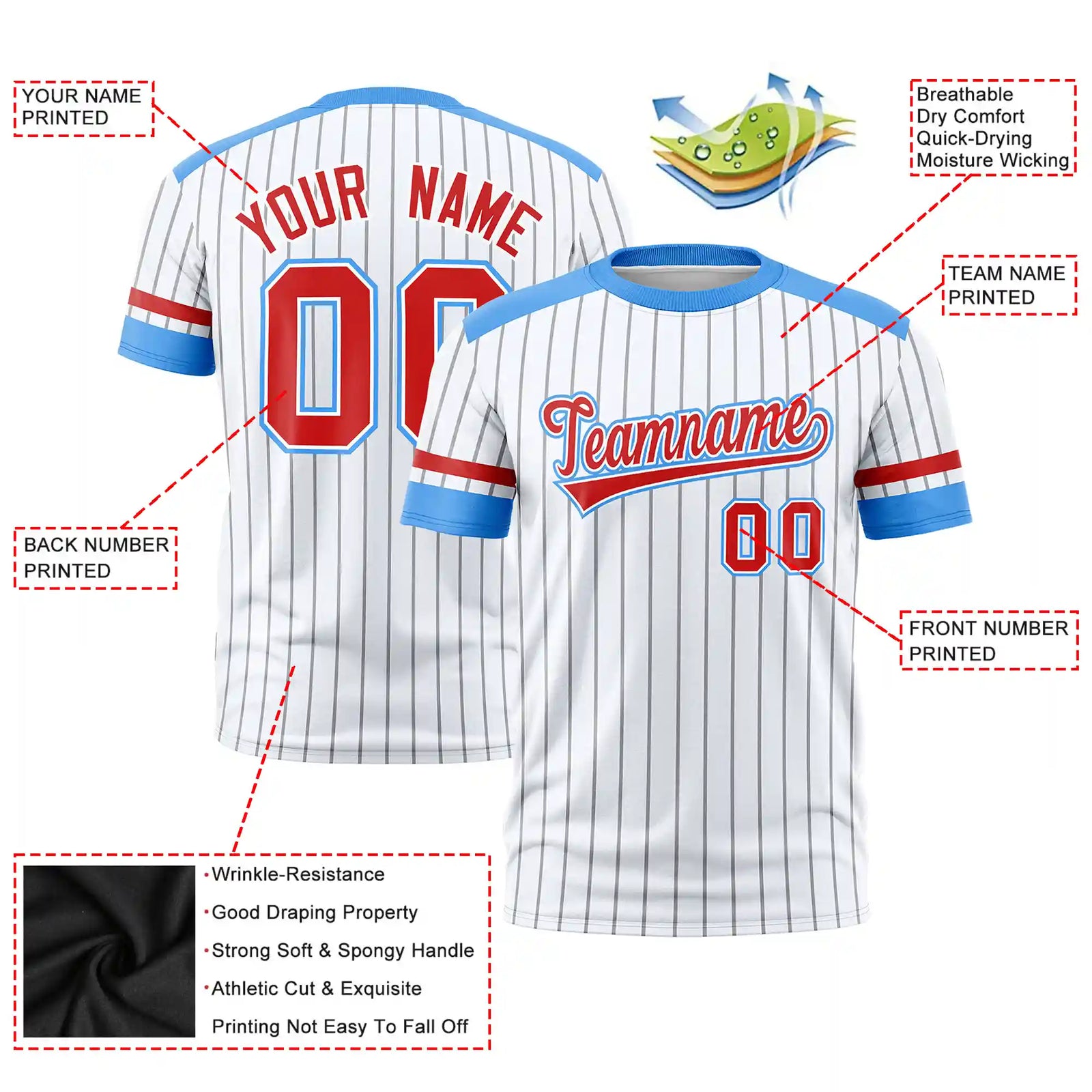 Custom White Gray-Powder Blue Pinstripe Pattern Design Performance T-Shirt