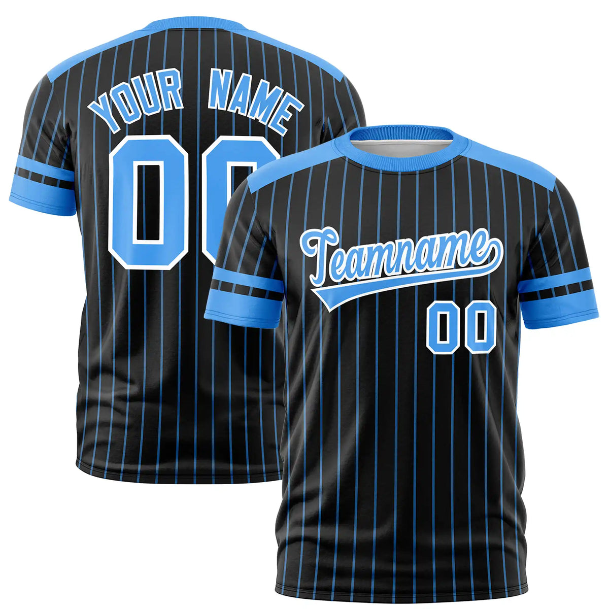 Custom Black Powder Blue-Powder Blue Pinstripe Pattern Design Performance T-Shirt