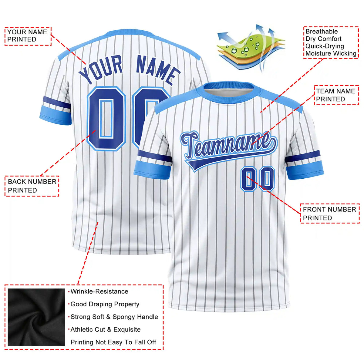 Custom White Gray-Powder Blue Pinstripe Pattern Design Performance T-Shirt