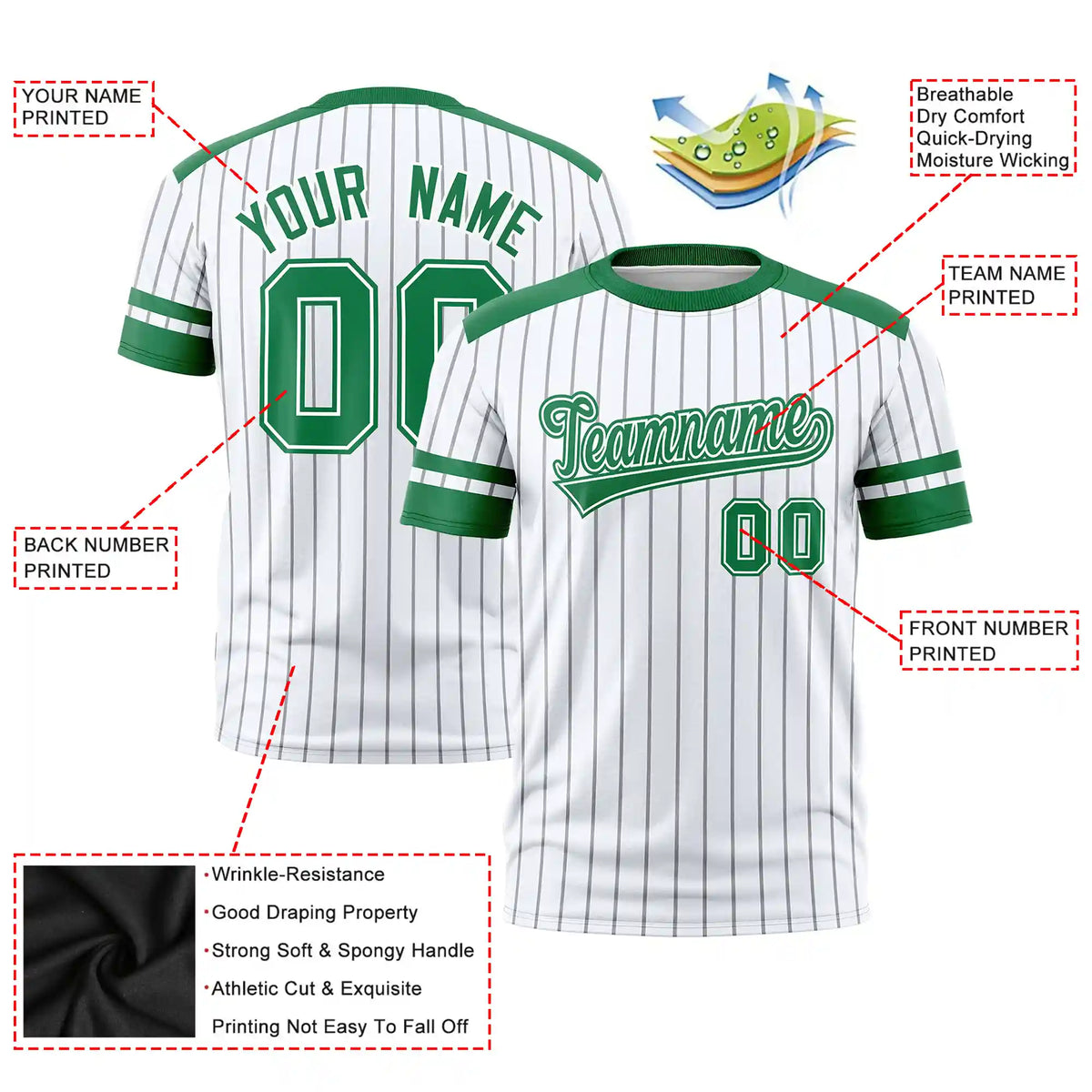 Custom White Gray-Kelly Green Pinstripe Pattern Design Performance T-Shirt