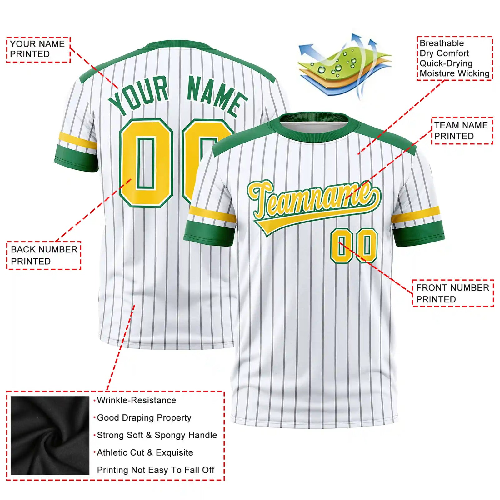 Custom White Gray-Kelly Green Pinstripe Pattern Design Performance T-Shirt