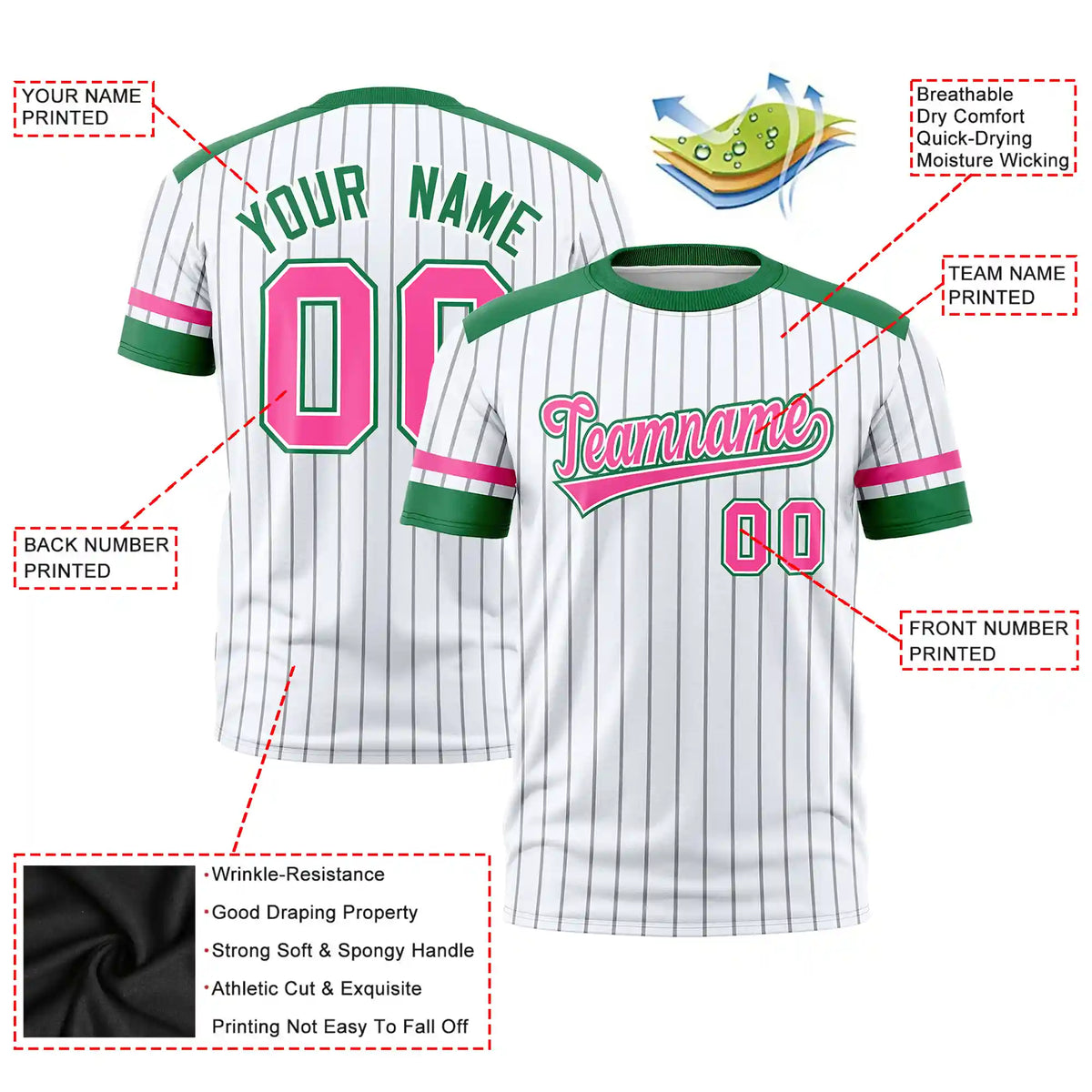 Custom White Gray-Kelly Green Pinstripe Pattern Design Performance T-Shirt