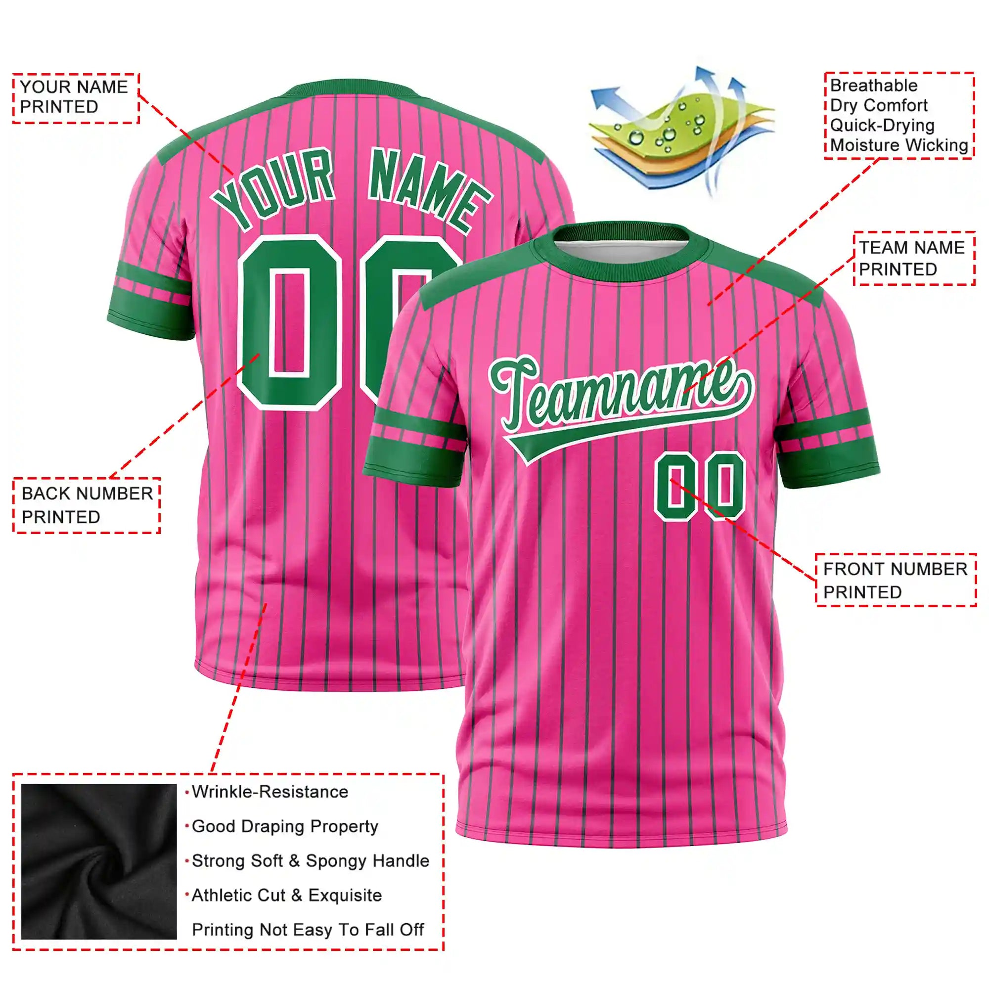 Custom Pink Kelly Green-Kelly Green Pinstripe Pattern Design Performance T-Shirt