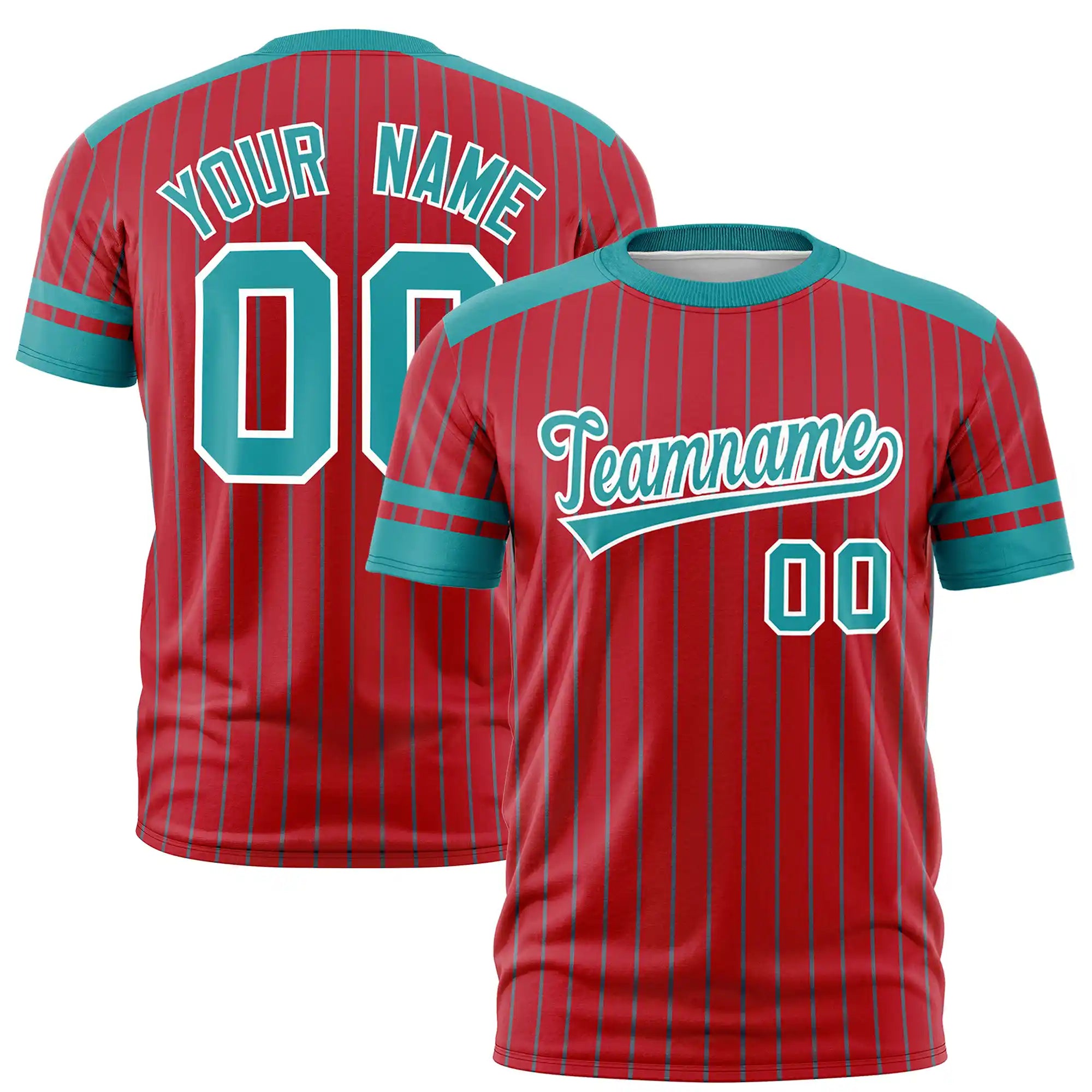 Custom Red Aqua-Aqua Pinstripe Pattern Design Performance T-Shirt