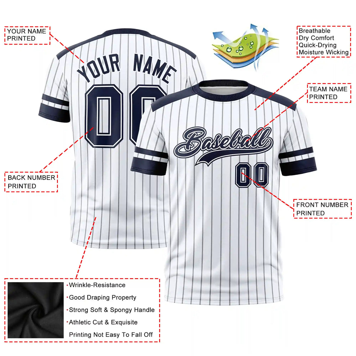 Custom White Gray-Navy Pinstripe Pattern Design Performance T-Shirt