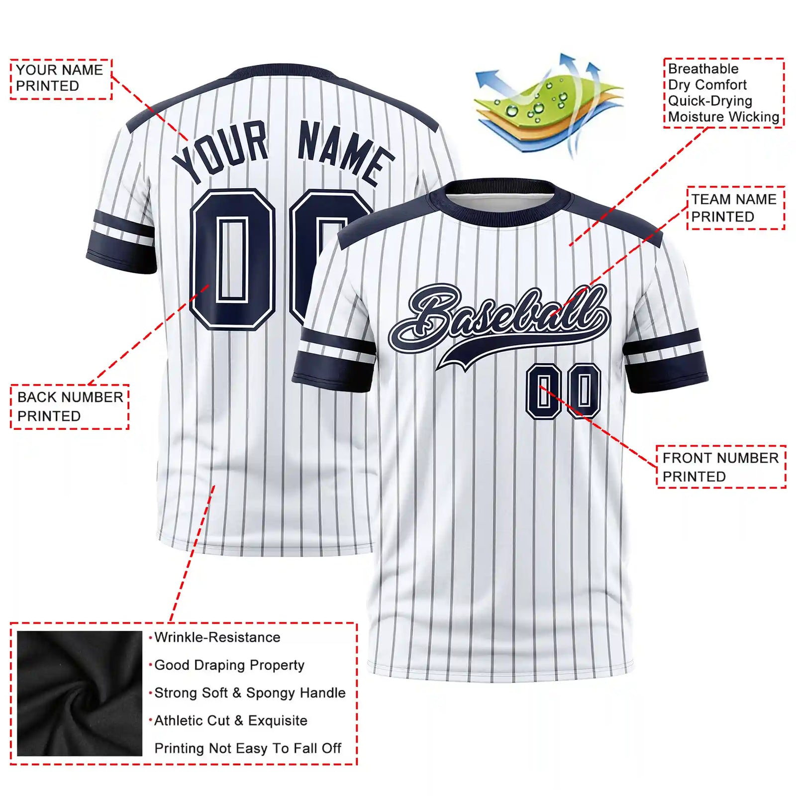 Custom White Gray-Navy Pinstripe Pattern Design Performance T-Shirt