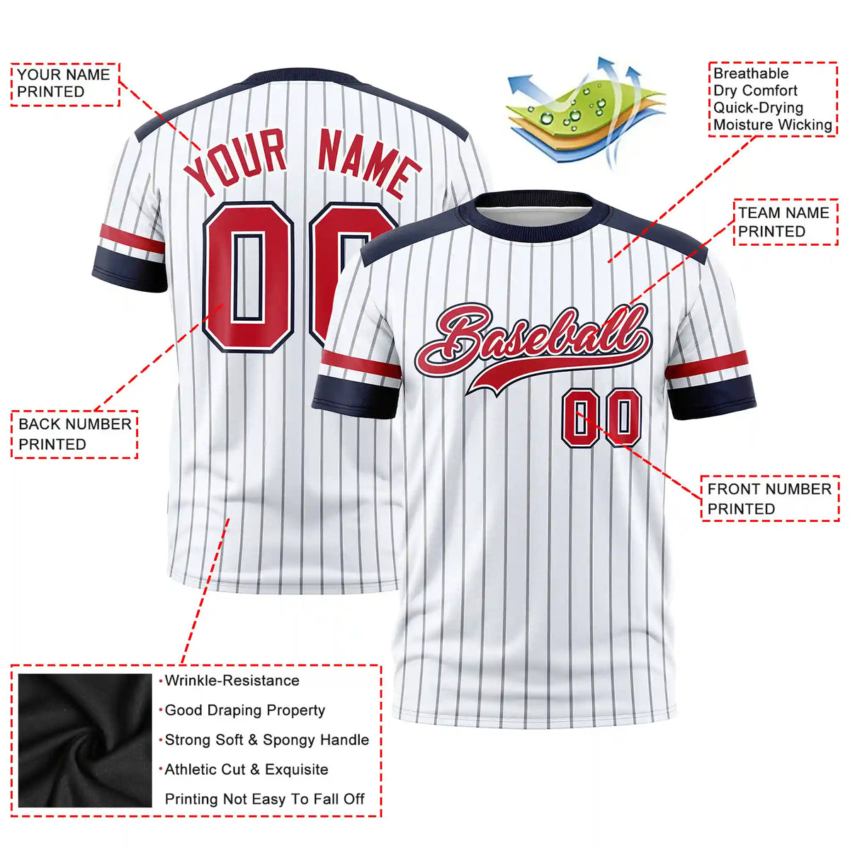 Custom White Gray-Navy Pinstripe Pattern Design Performance T-Shirt