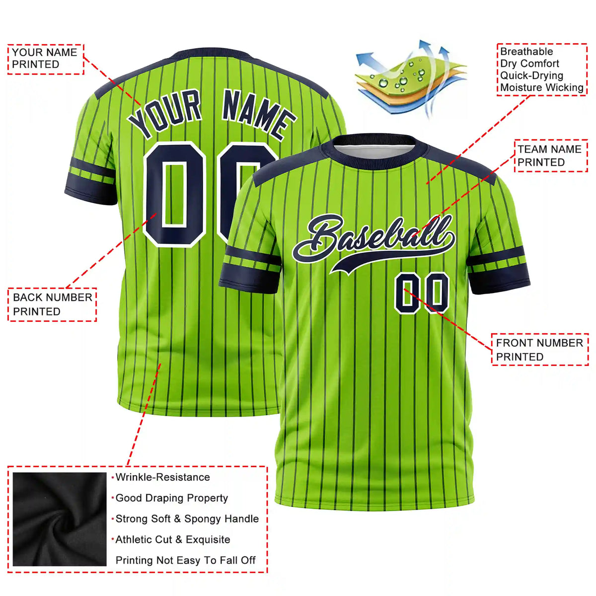 Custom Neon Green Navy Pinstripe Pattern Design Performance T-Shirt