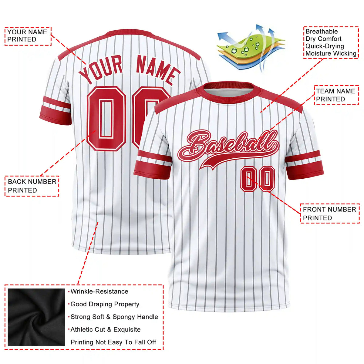 Custom White Gray-Red Pinstripe Pattern Design Performance T-Shirt