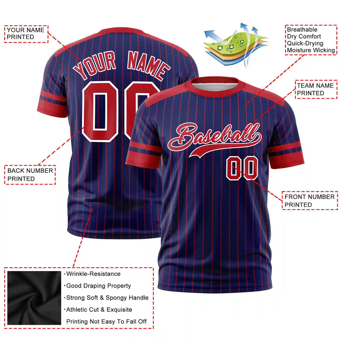 Custom Royal Blue Red-Red Pinstripe Pattern Design Performance T-Shirt