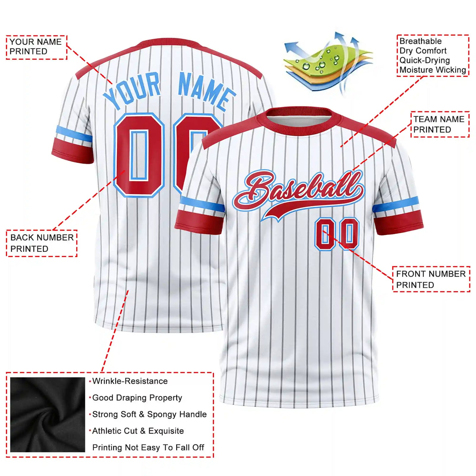 Custom White Gray-Red Pinstripe Pattern Design Performance T-Shirt