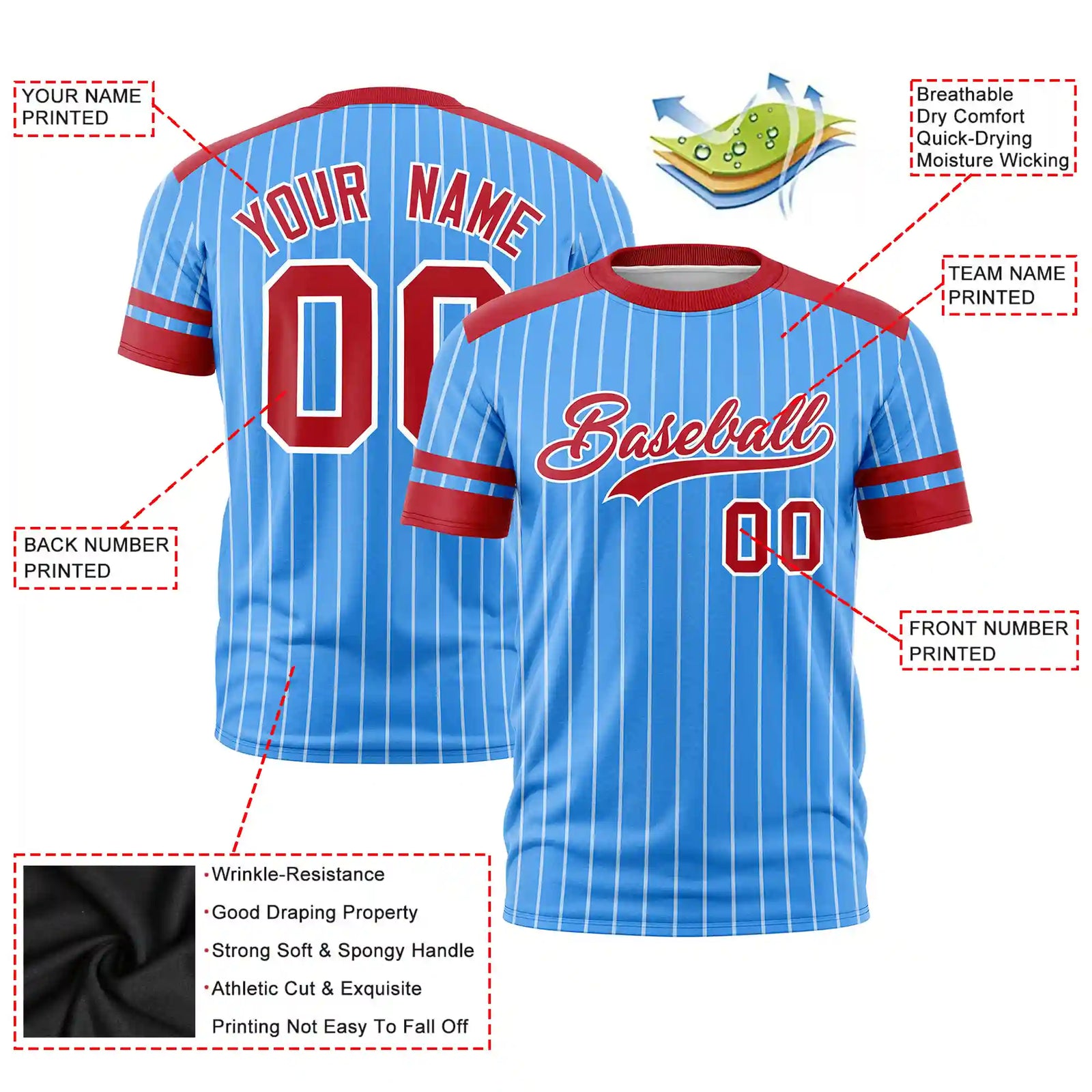 Custom Powder Blue White-Red Pinstripe Pattern Design Performance T-Shirt