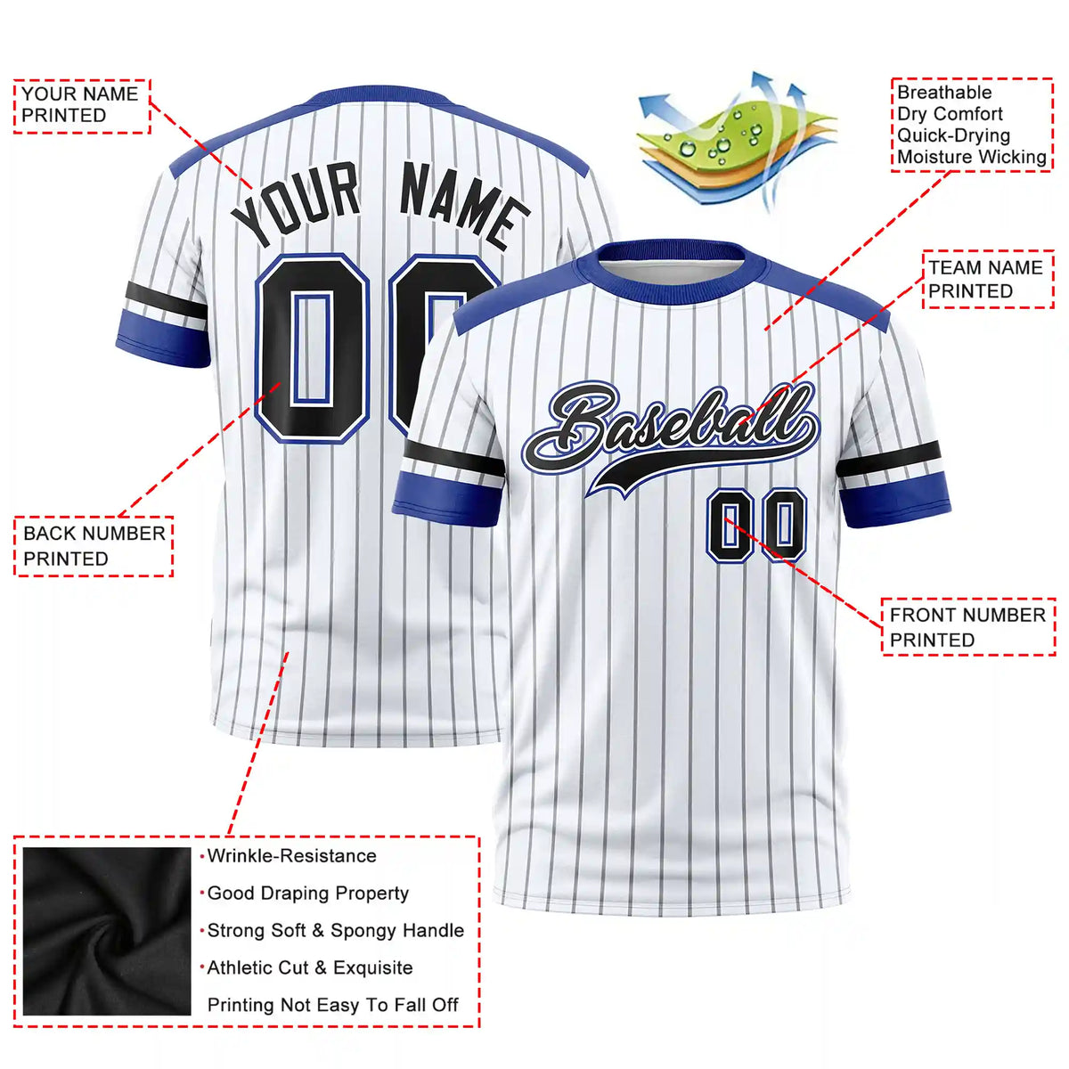 Custom White Black-Royal Blue Pinstripe Pattern Design Performance T-Shirt