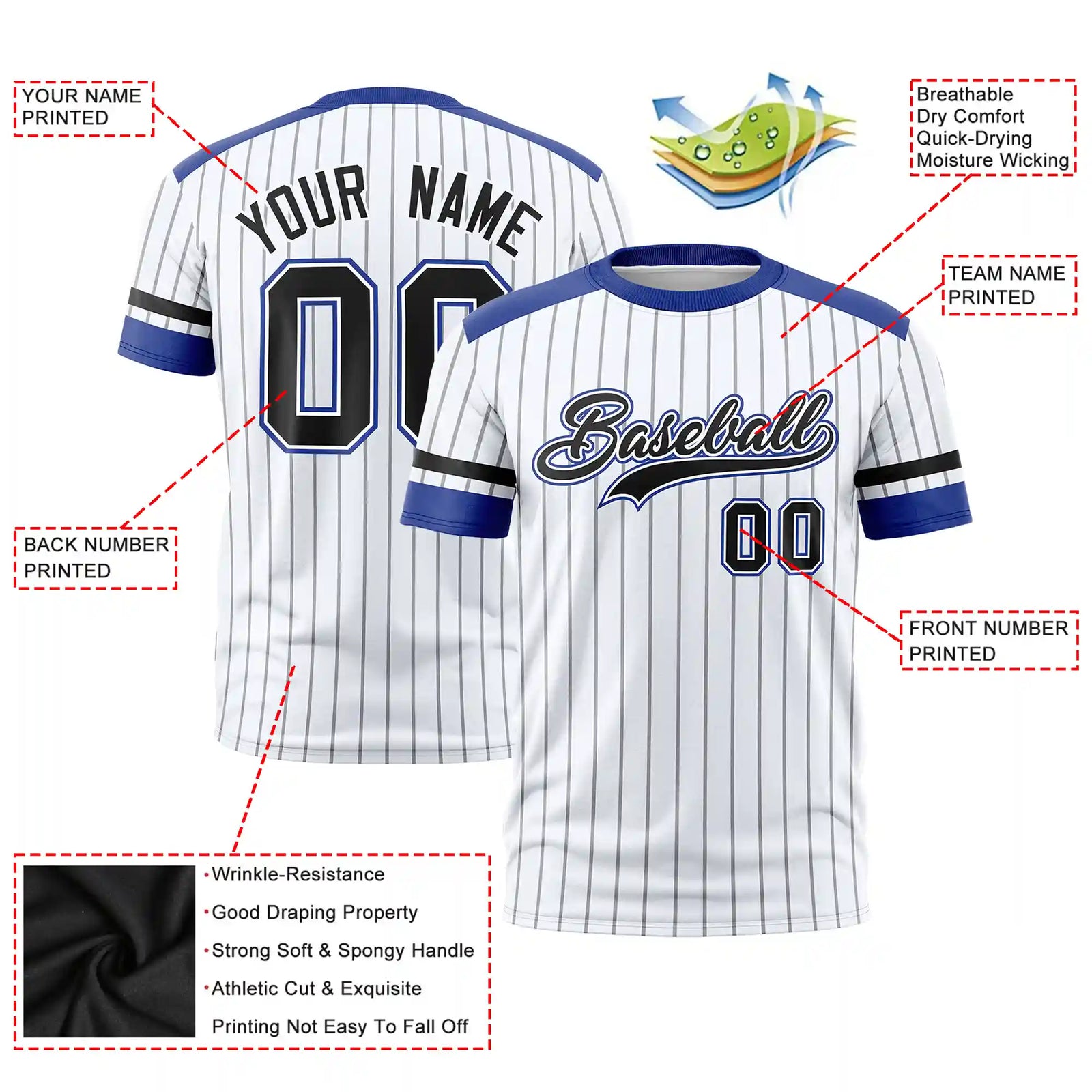 Custom White Black-Royal Blue Pinstripe Pattern Design Performance T-Shirt