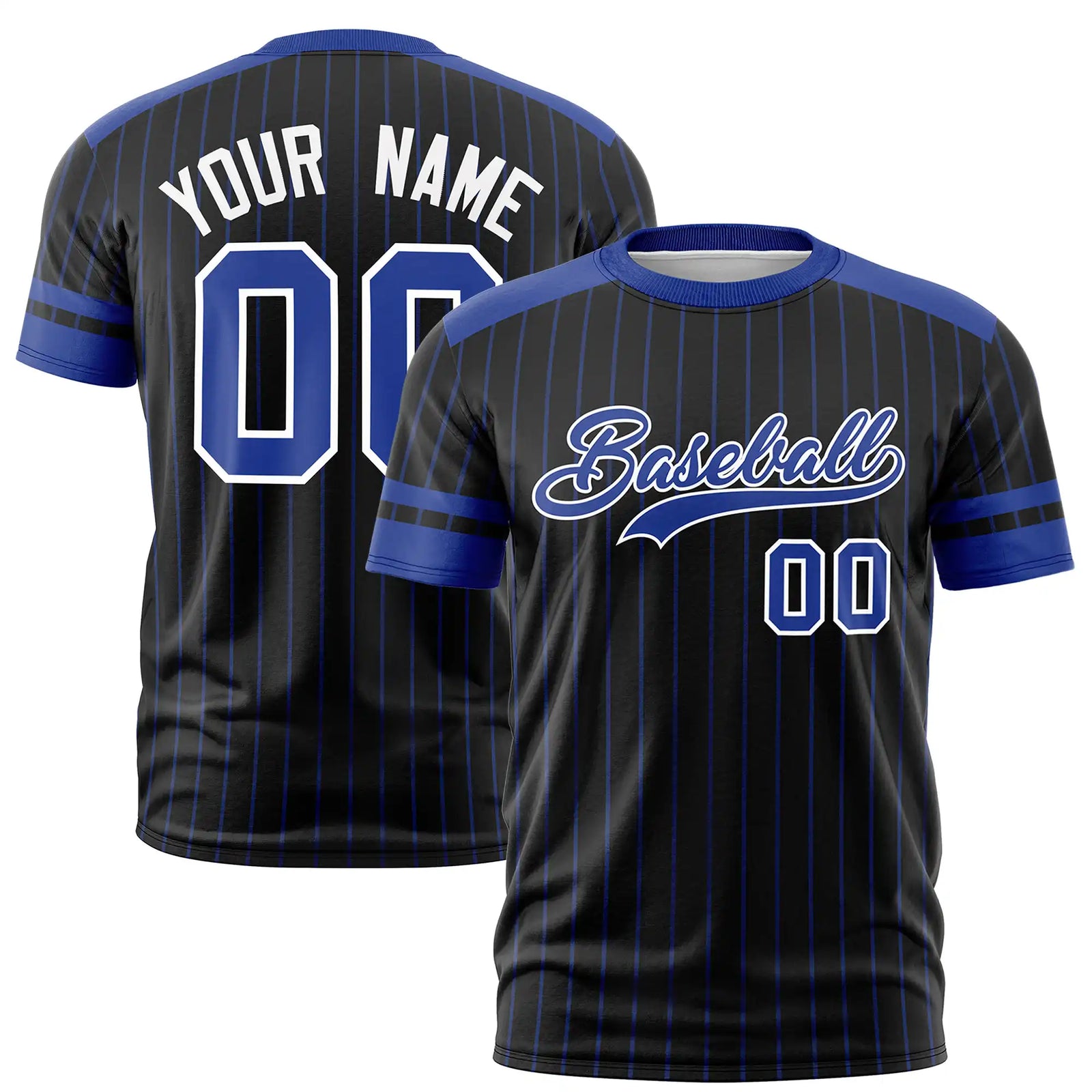 Custom Black Royal Blue-White Pinstripe Pattern Design Performance T-Shirt