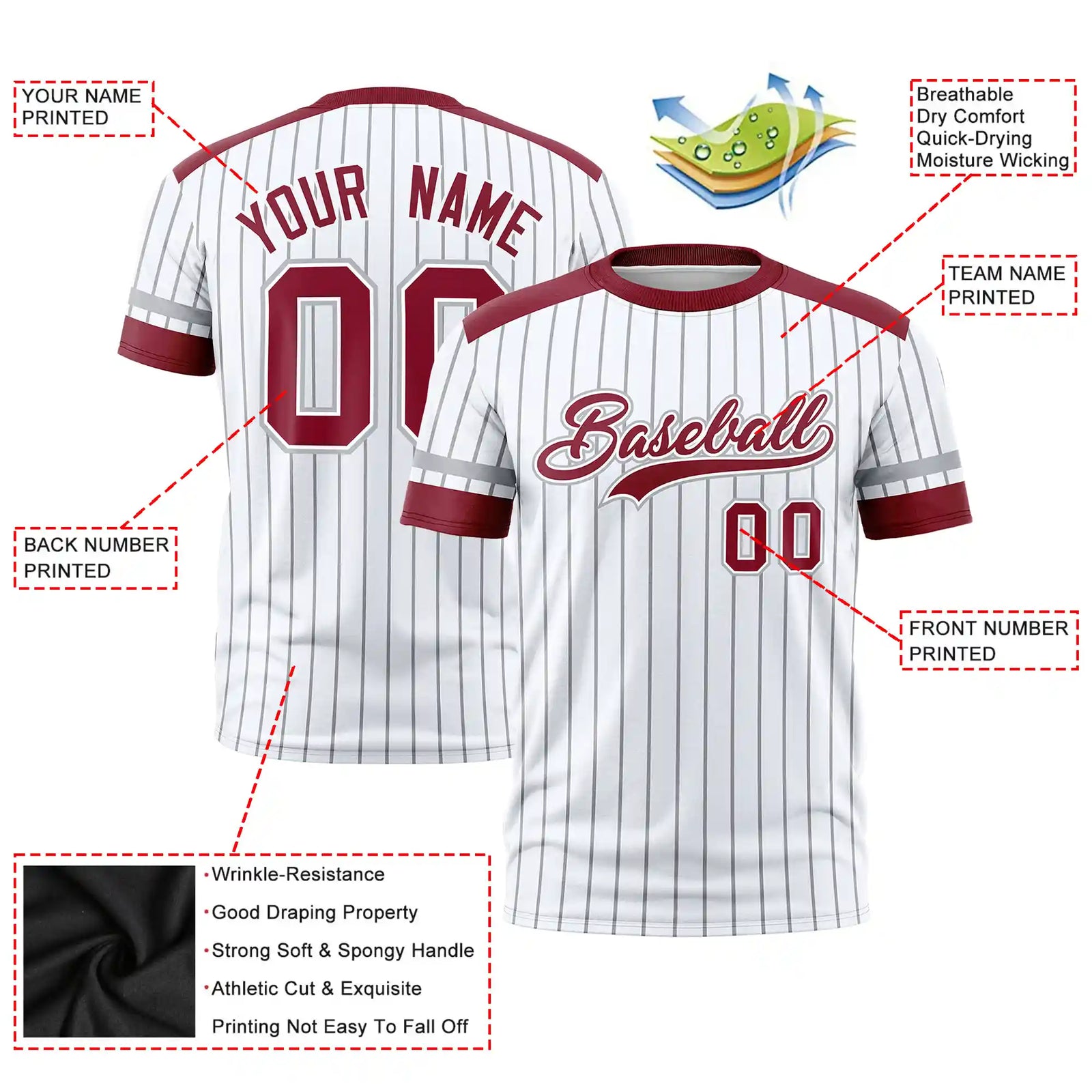 Custom White Gray-Crimson Pinstripe Pattern Design Performance T-Shirt