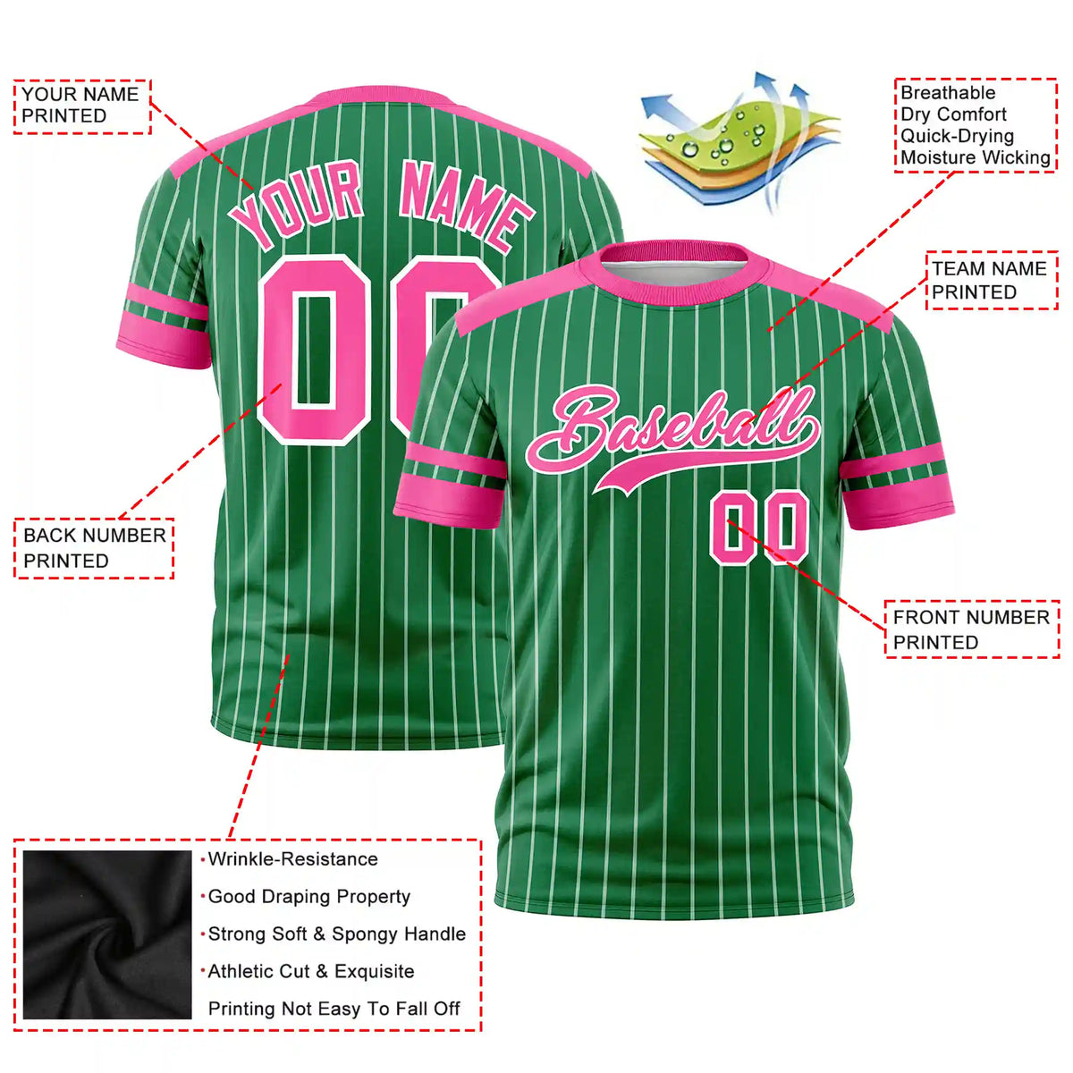 Custom Kelly Green White-Pink Pinstripe Pattern Design Performance T-Shirt