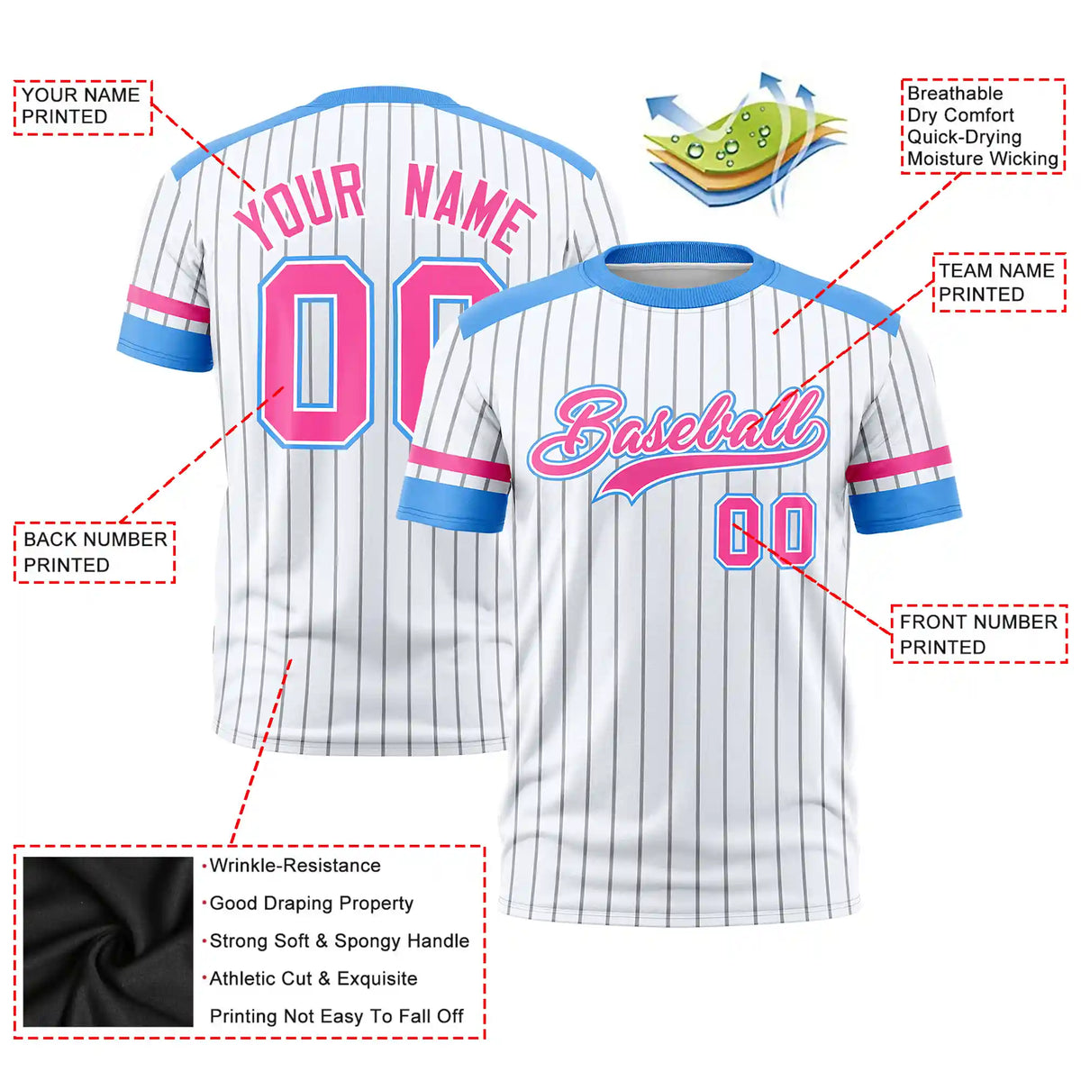 Custom White Gray-Powder Blue Pinstripe Pattern Design Performance T-Shirt