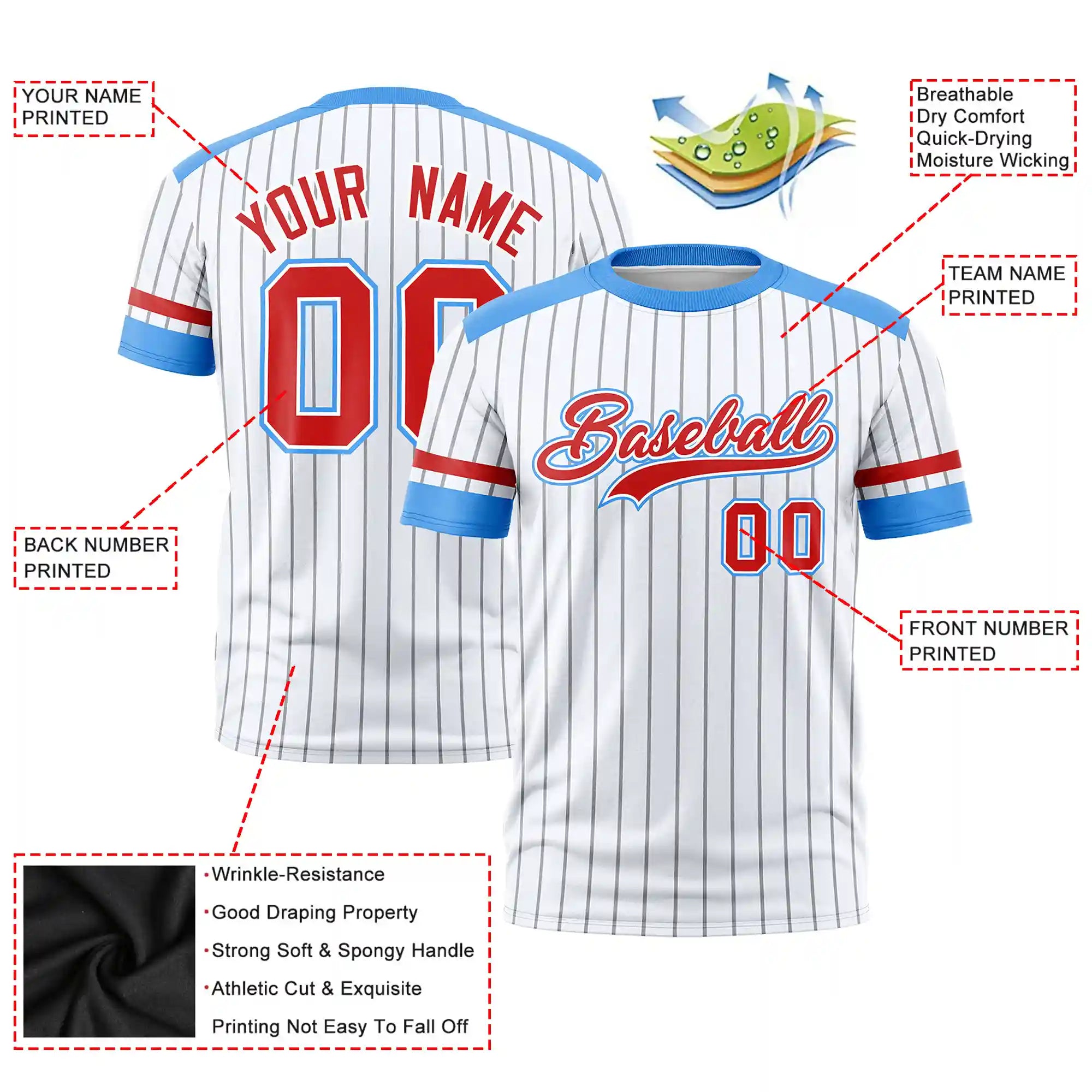 Custom White Gray-Powder Blue Pinstripe Pattern Design Performance T-Shirt