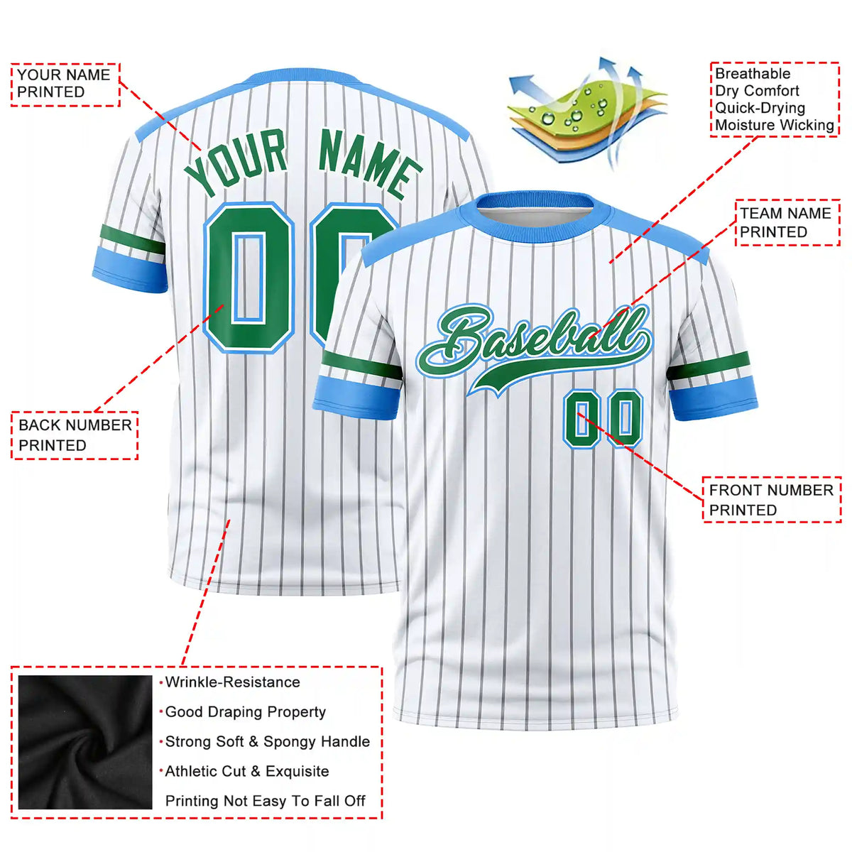 Custom White Gray-Powder Blue Pinstripe Pattern Design Performance T-Shirt