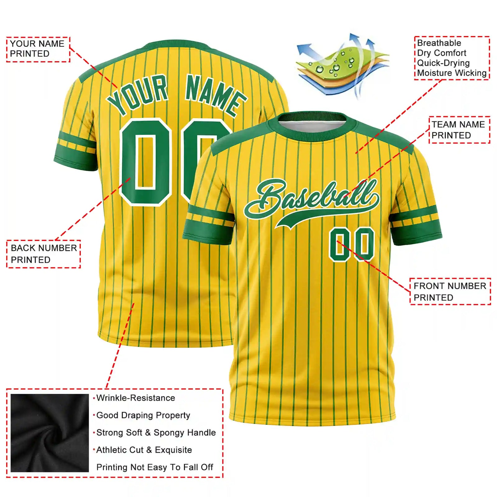 Custom Gold01 Kelly Green-Kelly Green Pinstripe Pattern Design Performance T-Shirt