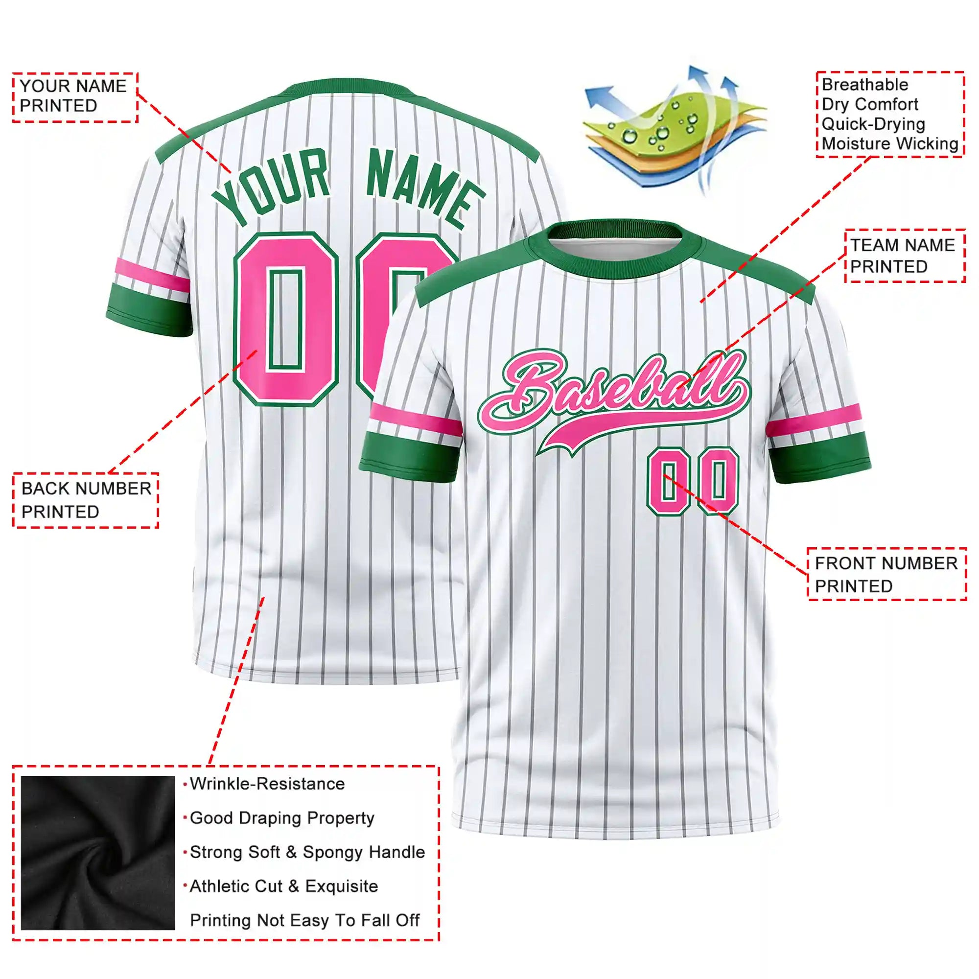 Custom White Gray-Kelly Green Pinstripe Pattern Design Performance T-Shirt