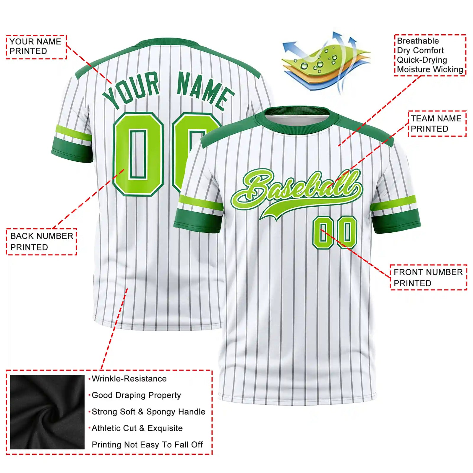 Custom White Gray-Kelly Green Pinstripe Pattern Design Performance T-Shirt