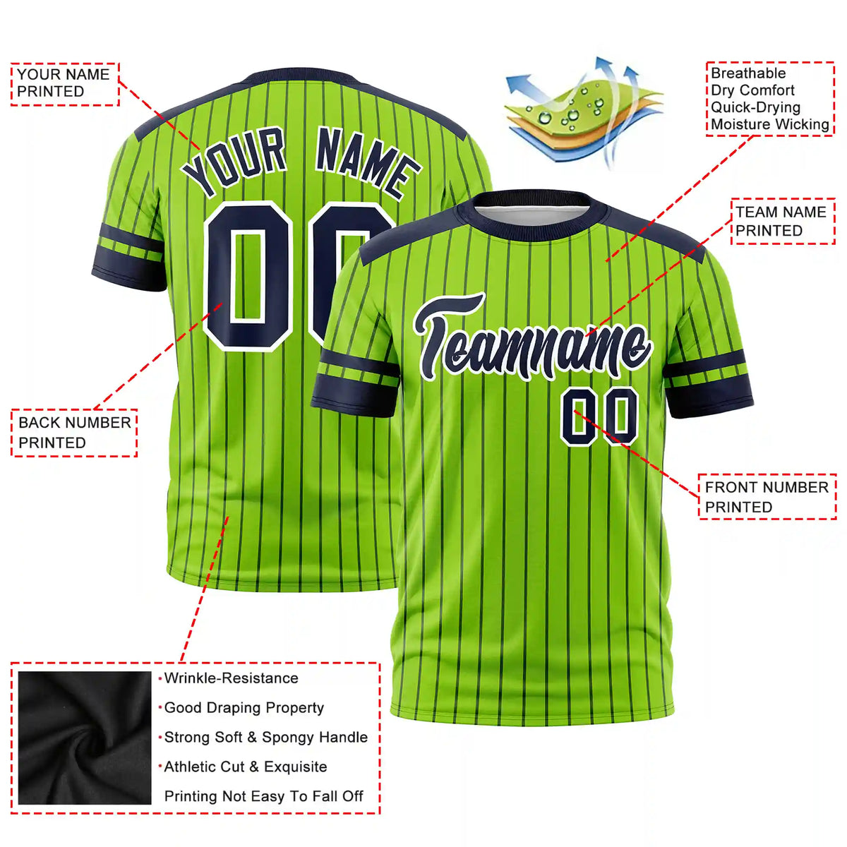 Custom Neon Green Navy Pinstripe Pattern Design Performance T-Shirt