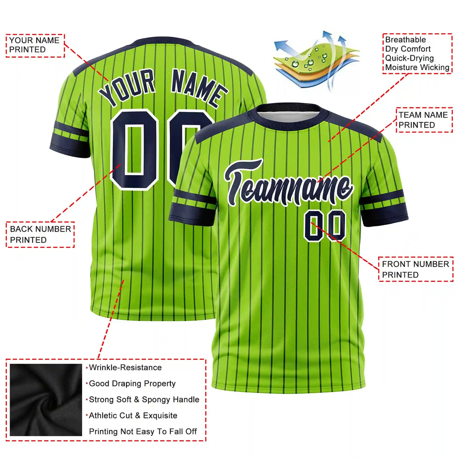 Custom Neon Green Navy Pinstripe Pattern Design Performance T-Shirt