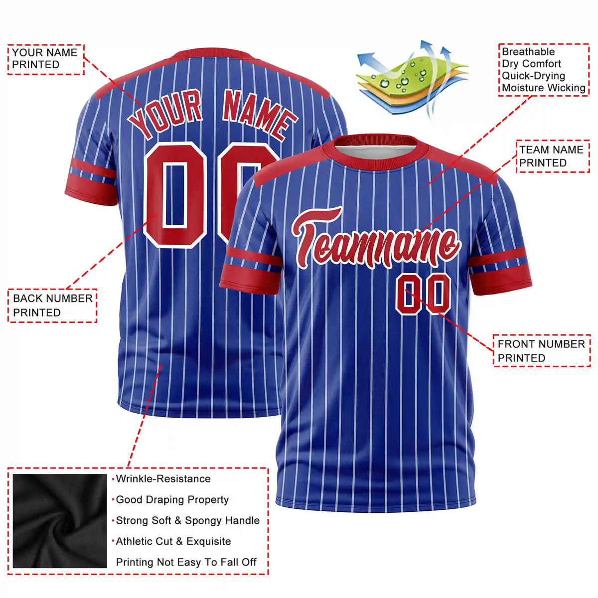 Custom Royal Blue White-Red Pinstripe Pattern Design Performance T-Shirt