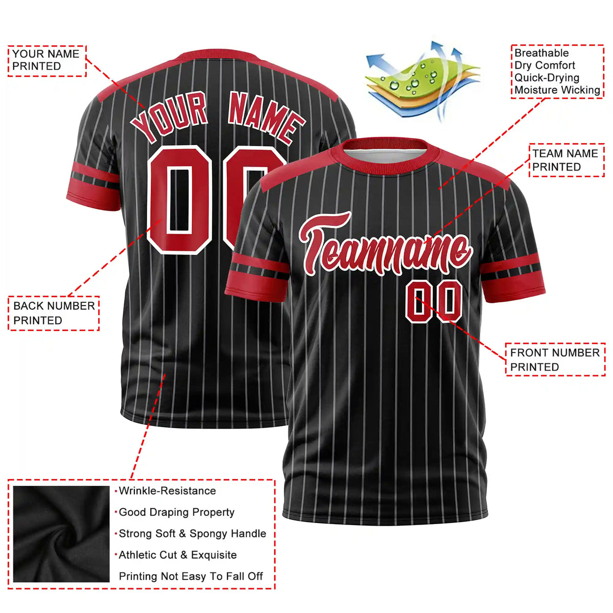 Custom Black Gray-Red Pinstripe Pattern Design Performance T-Shirt