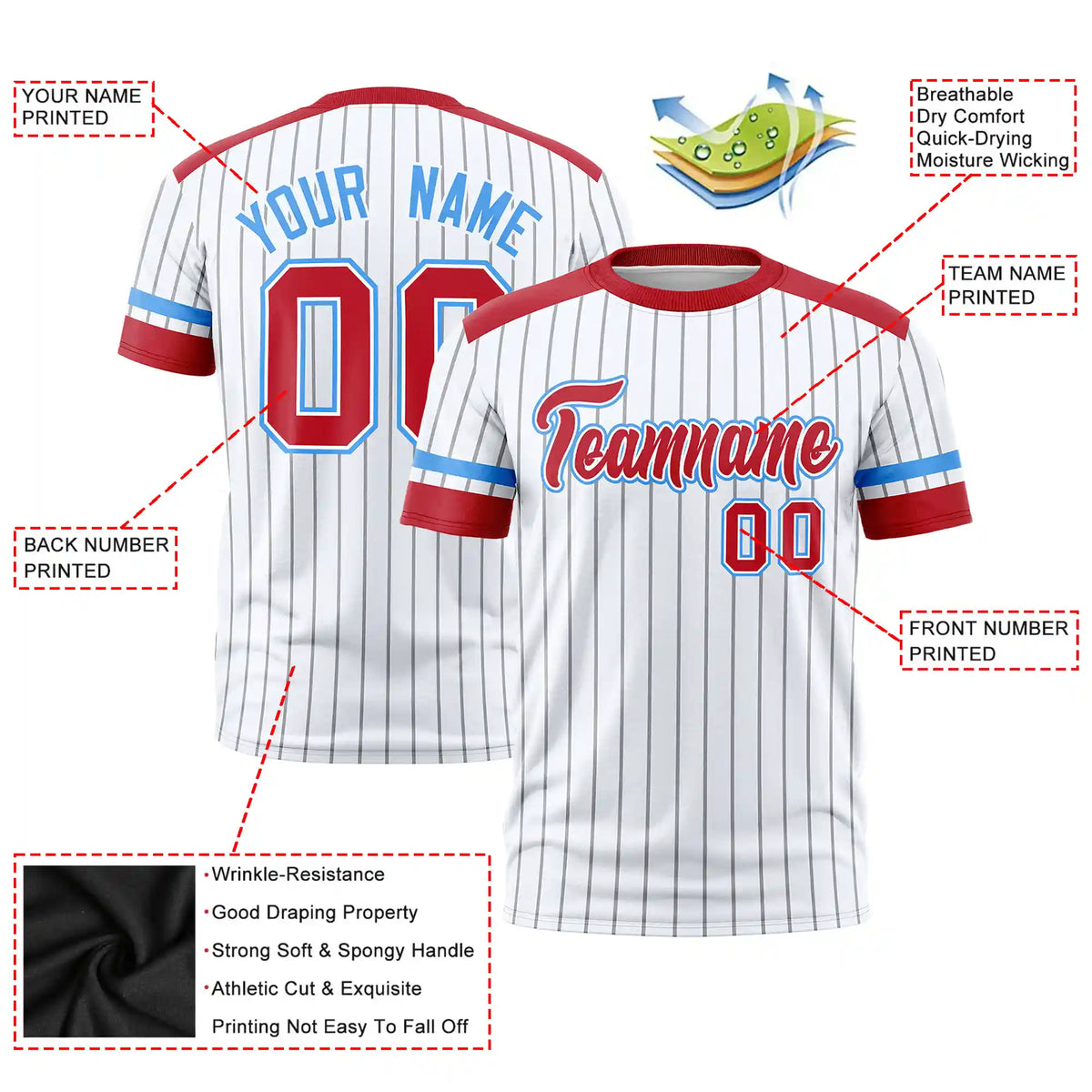Custom White Gray-Red Pinstripe Pattern Design Performance T-Shirt