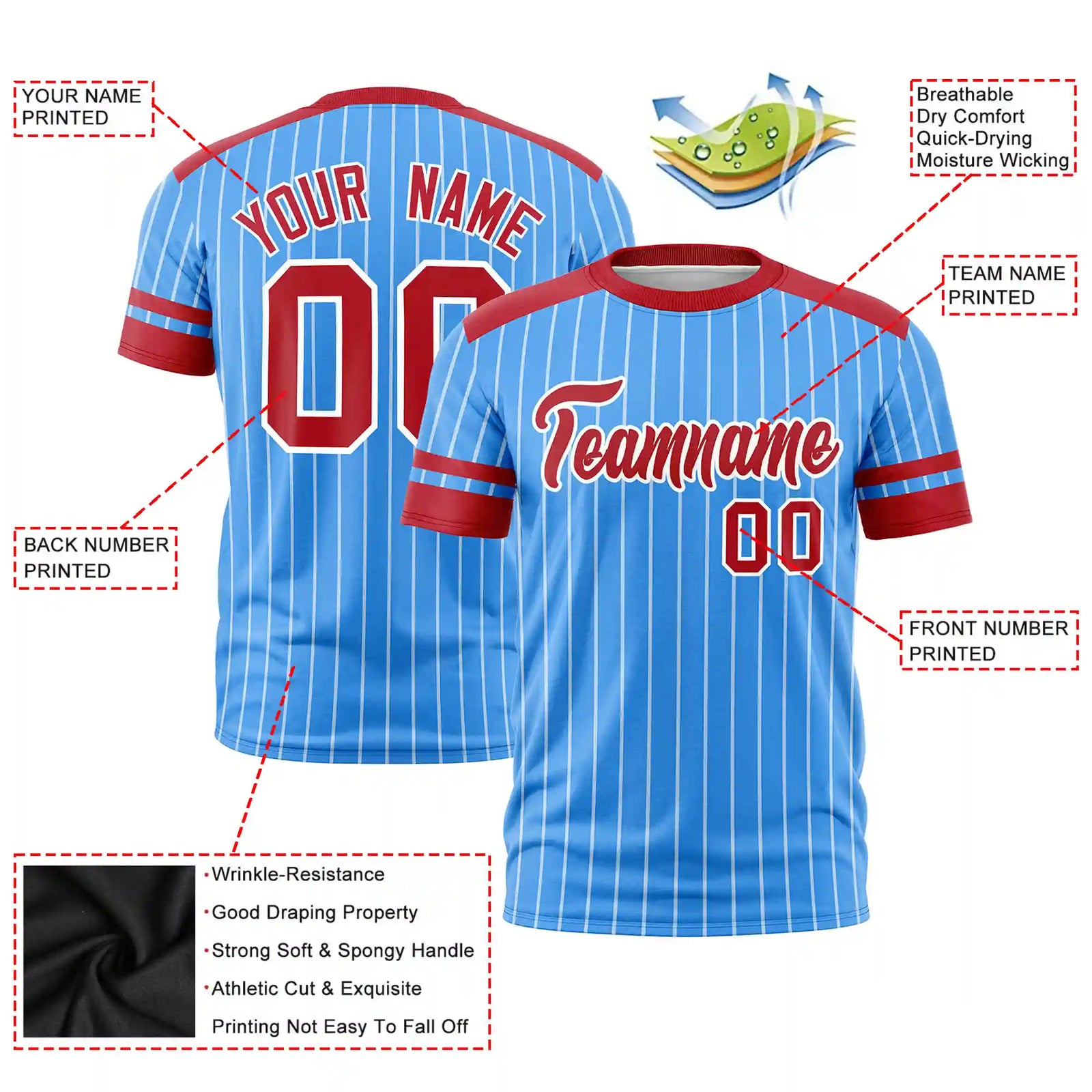 Custom Powder Blue White-Red Pinstripe Pattern Design Performance T-Shirt