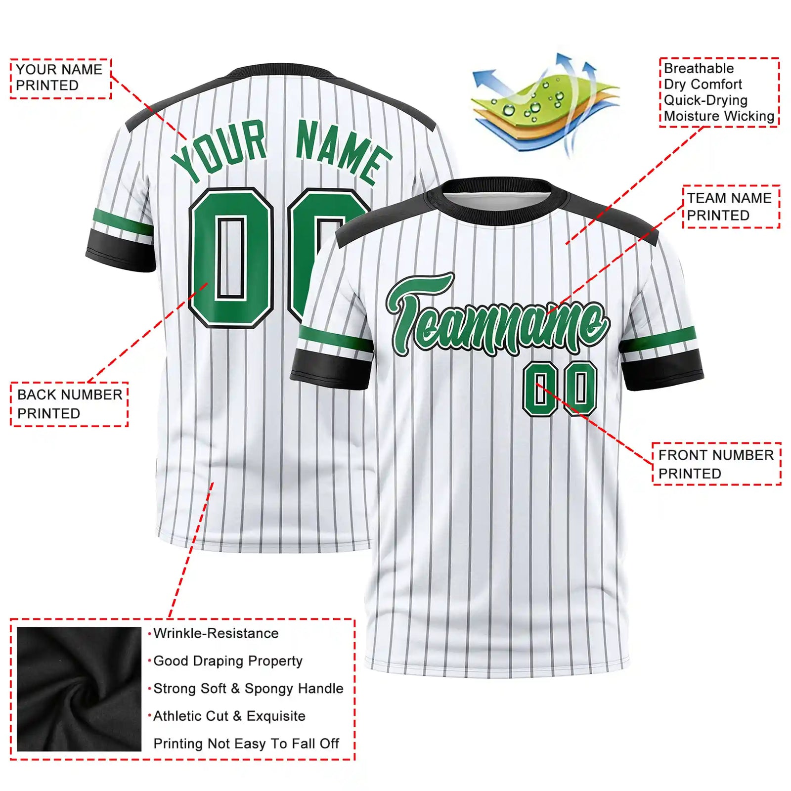 Custom White Black-Kelly Green Pinstripe Pattern Design Performance T-Shirt