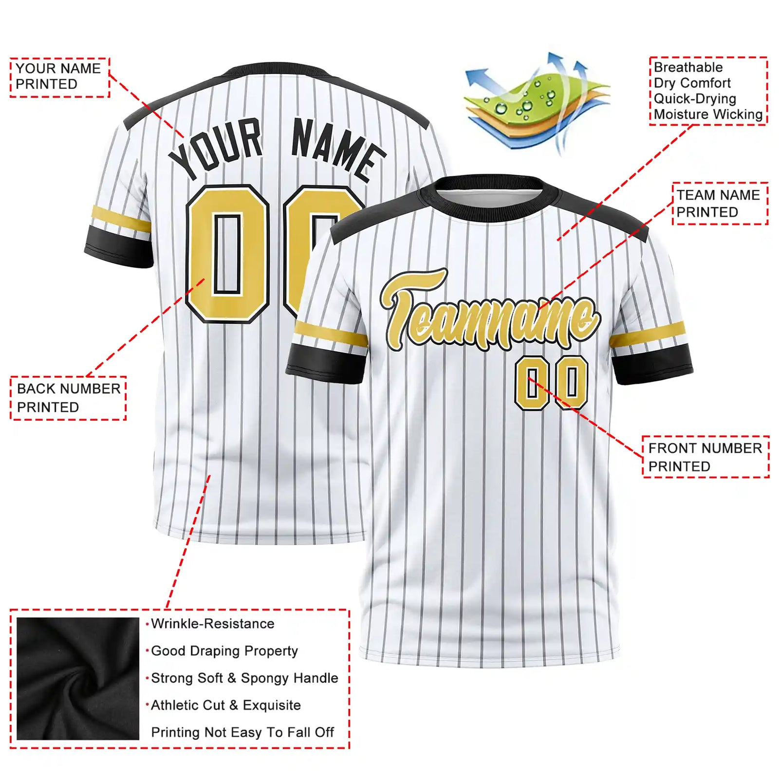 Custom White Black-Old Gold Pinstripe Pattern Design Performance T-Shirt