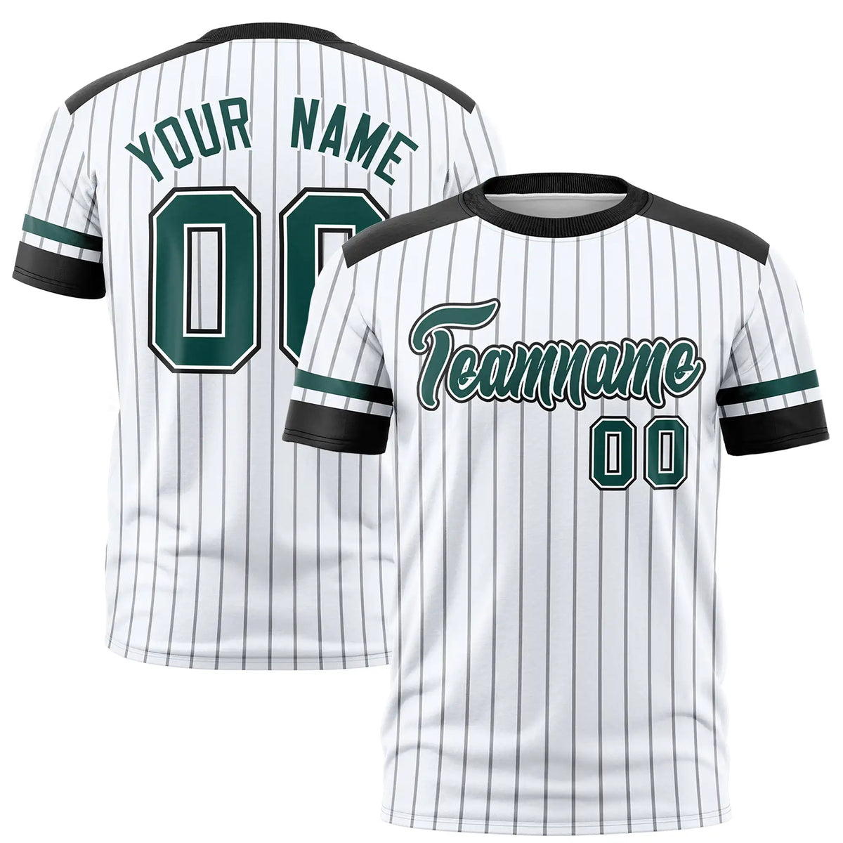 Custom White Black-Midnight Green Pinstripe Pattern Design Performance T-Shirt