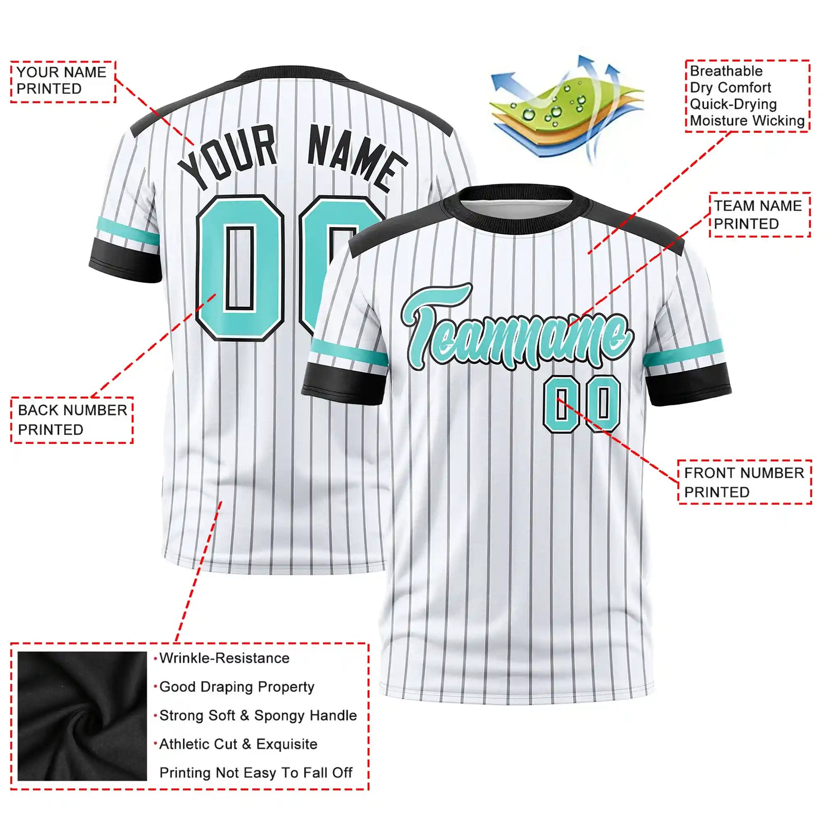 Custom White Black-Aqua Pinstripe Pattern Design Performance T-Shirt