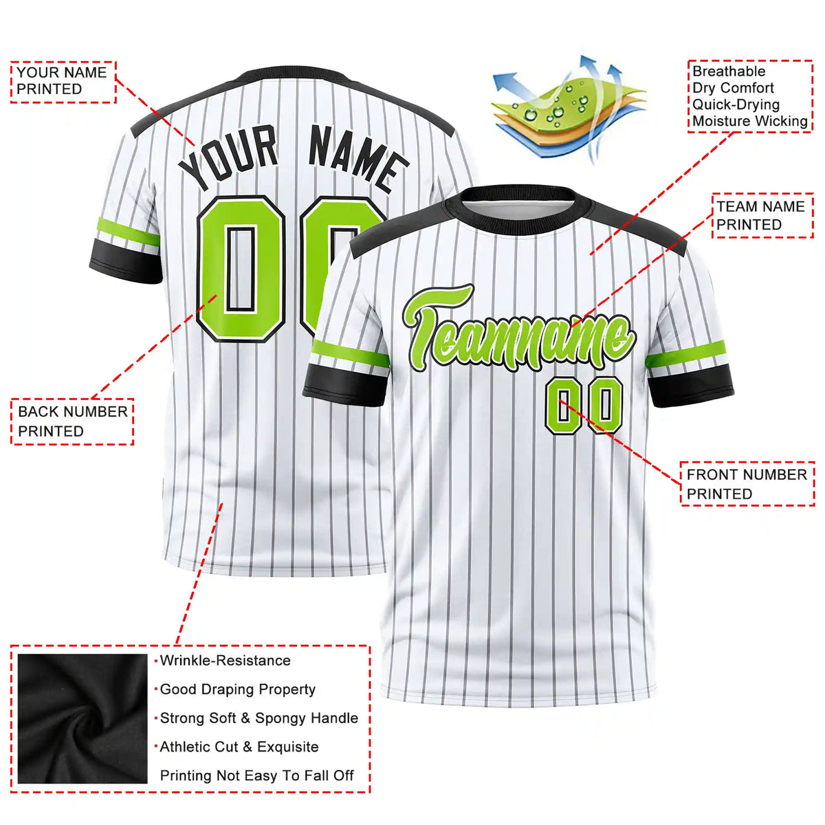 Custom White Black-Neon Green Pinstripe Pattern Design Performance T-Shirt