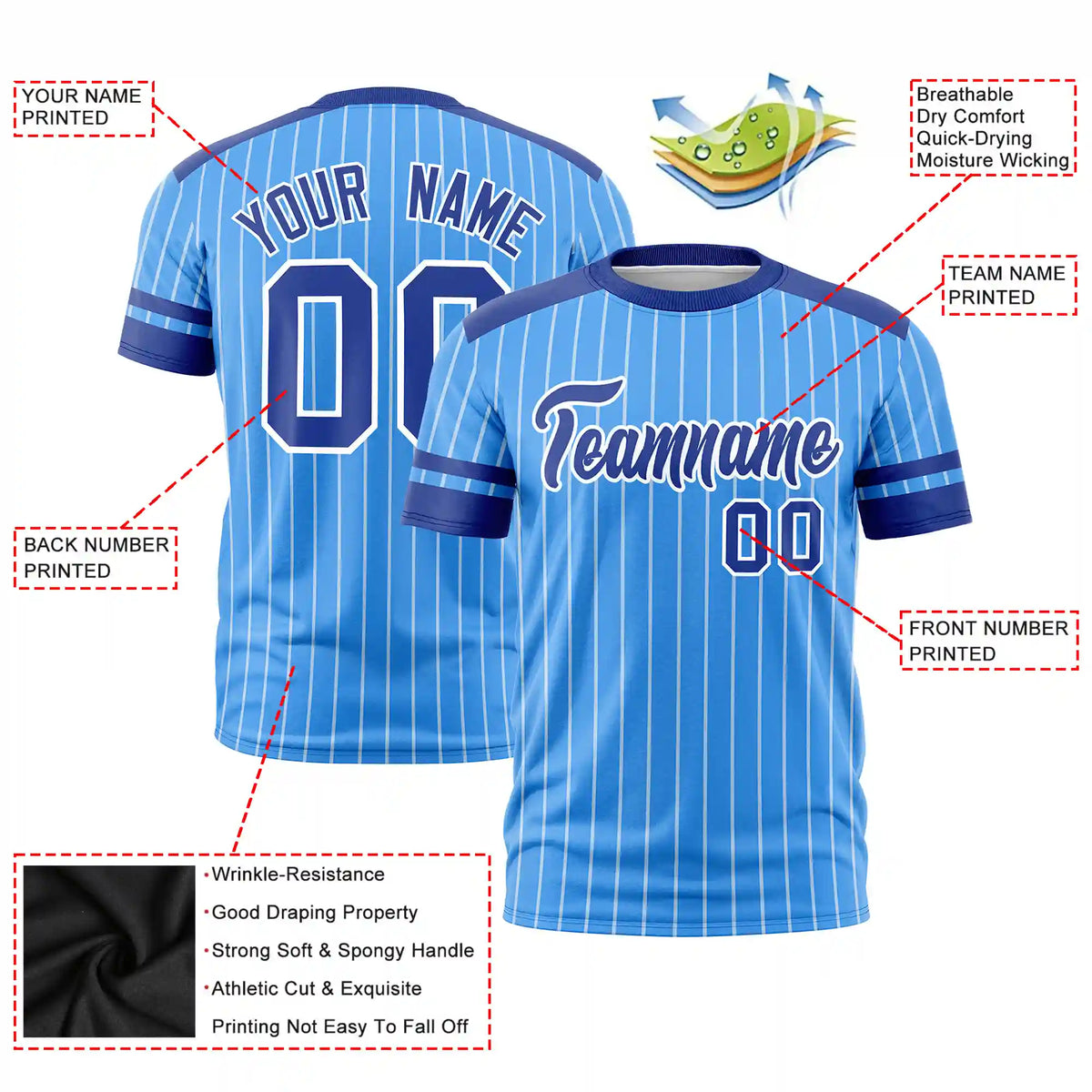 Custom Powder Blue White-Royal Blue Pinstripe Pattern Design Performance T-Shirt
